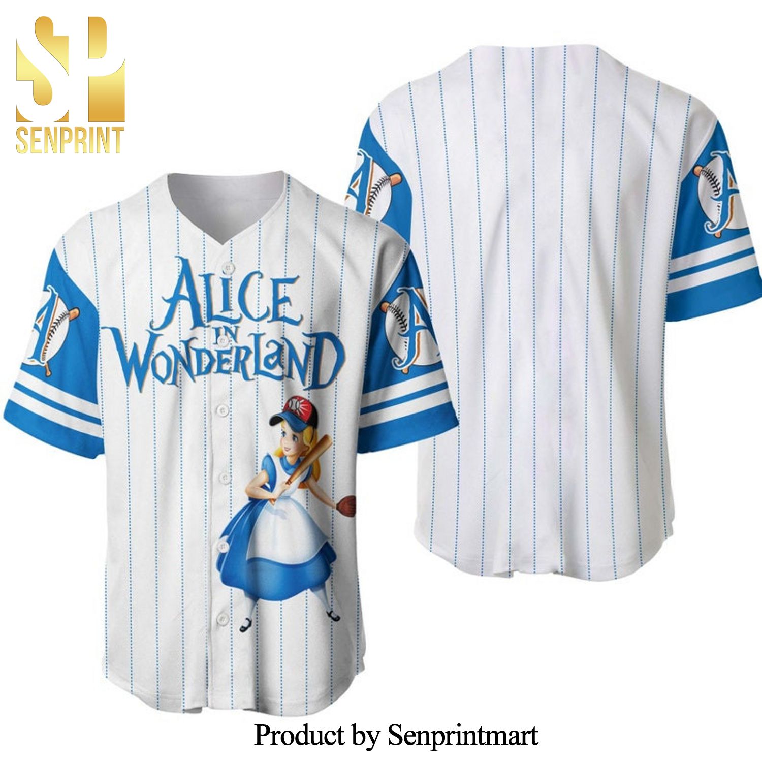 Alice In Wonderland All Over Print Pinstripe Baseball Jersey – White