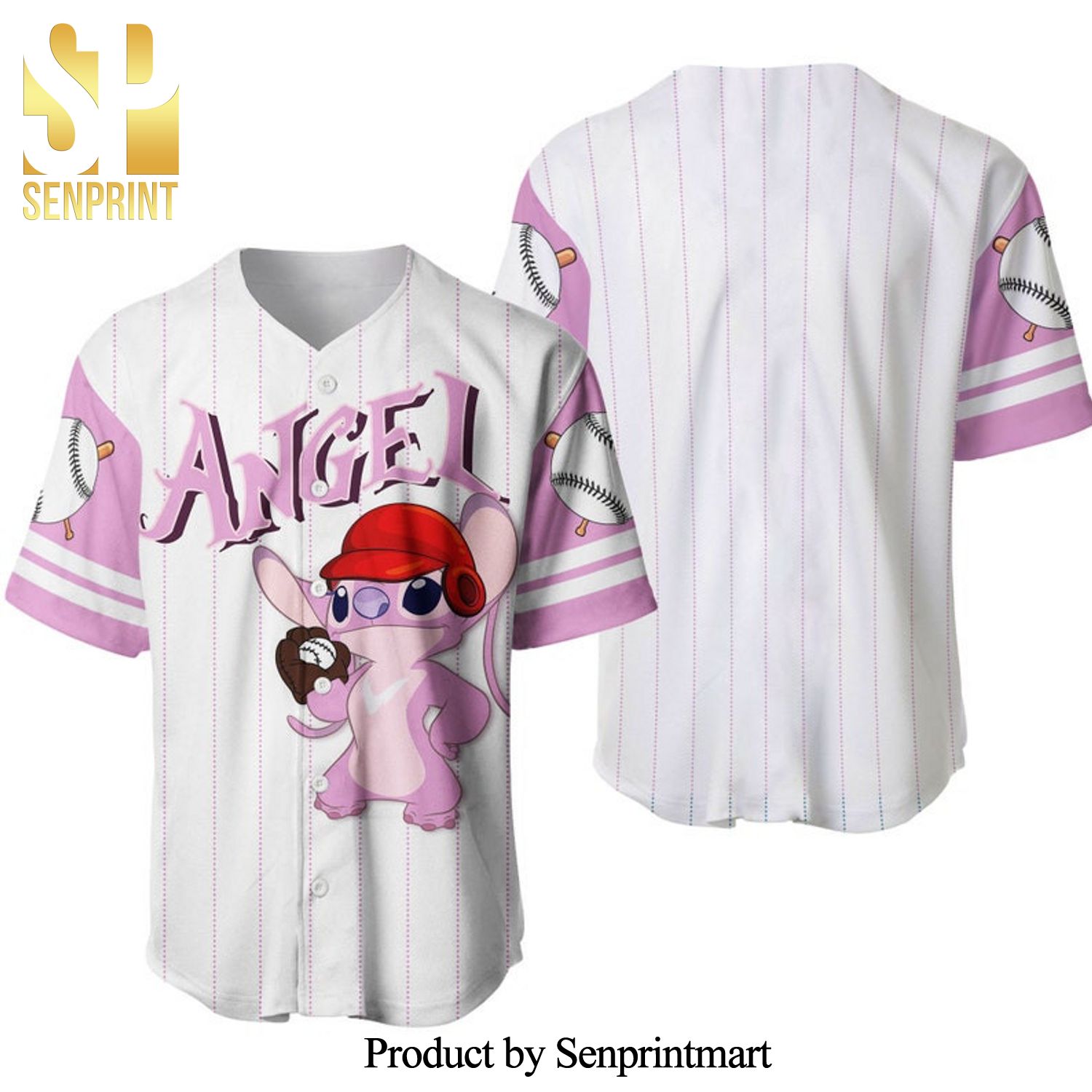 Angel Stitch Girlfriend All Over Print Pinstripe Baseball Jersey – White