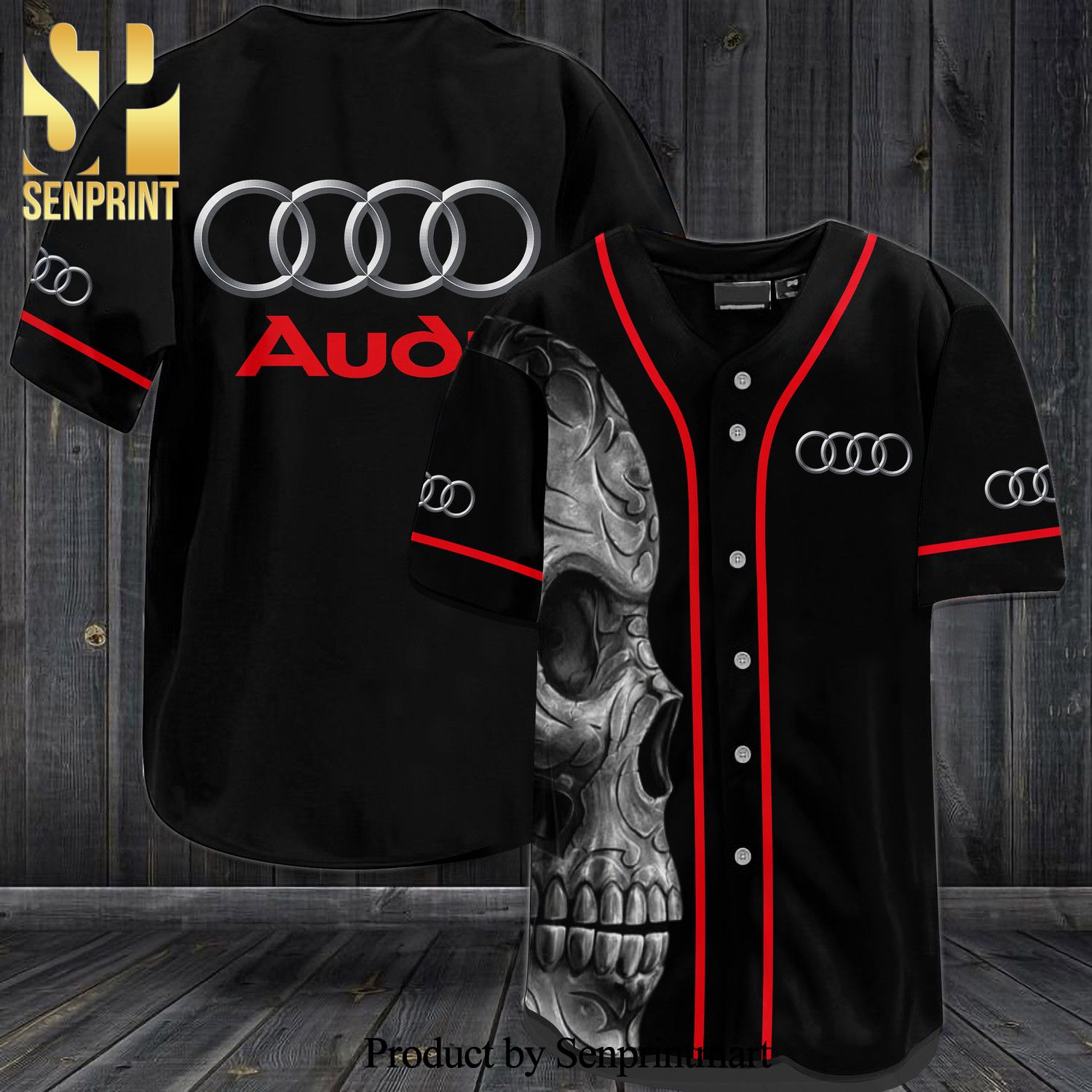 Audi Skull All Over Print Baseball Jersey – Black