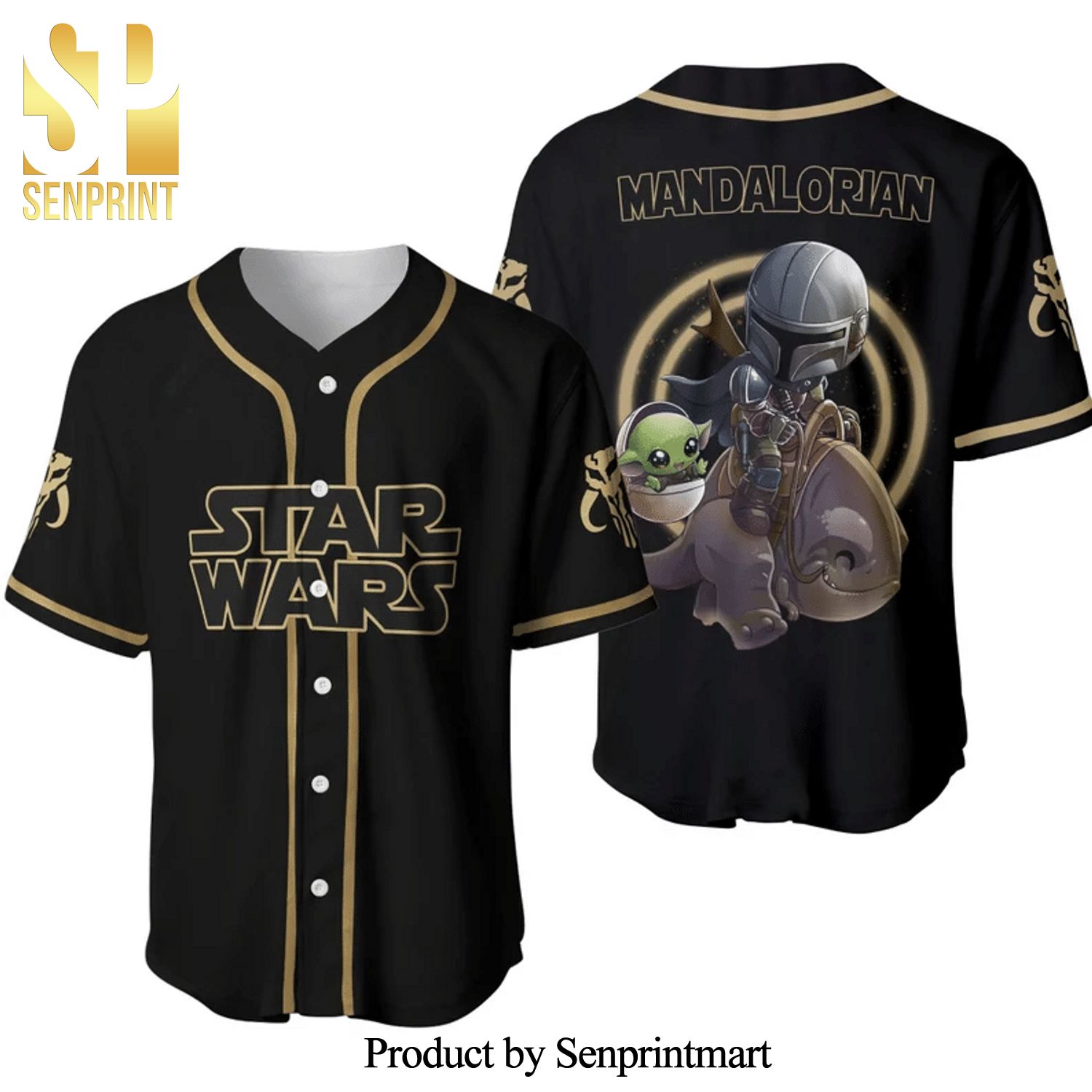 Baby Yoda Boba Fett Rancor Star Wars The Mandalorian Full Printing Baseball Jersey – Black
