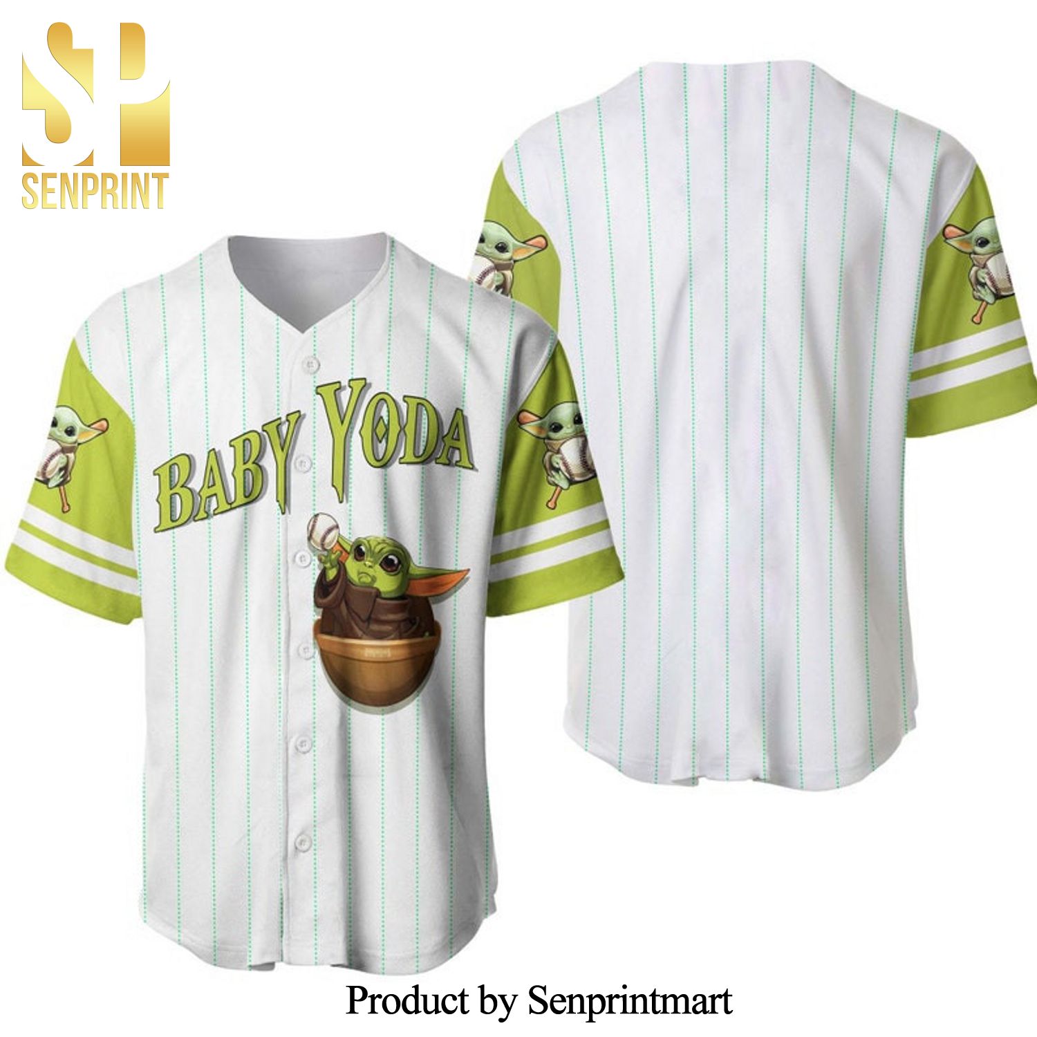 Baby Yoda Star Wars All Over Print Pinstripe Baseball Jersey – White