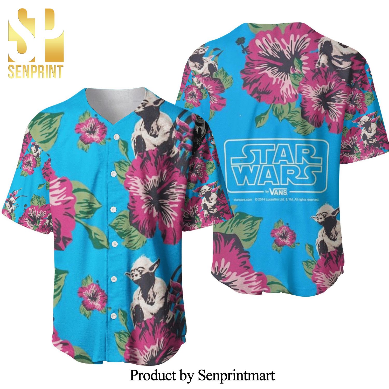 Baby Yoda Star Wars By Vans Pink Hibiscus Tropical Full Printing Baseball Jersey – Blue