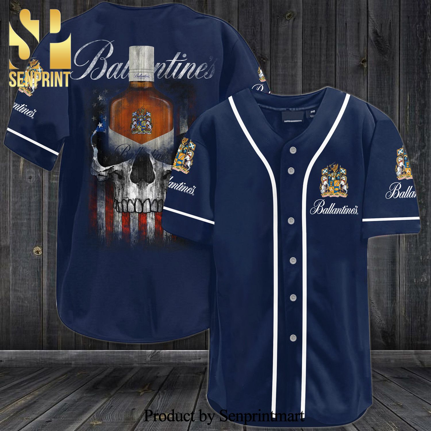 Ballantines Whiskey USA Flag Skull All Over Print Unisex Baseball Jersey – Navy