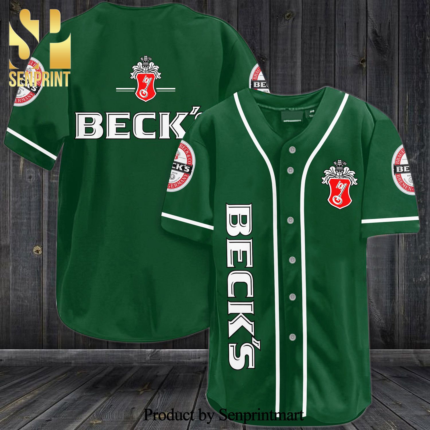 Beck’s Beer All Over Print Baseball Jersey – Green