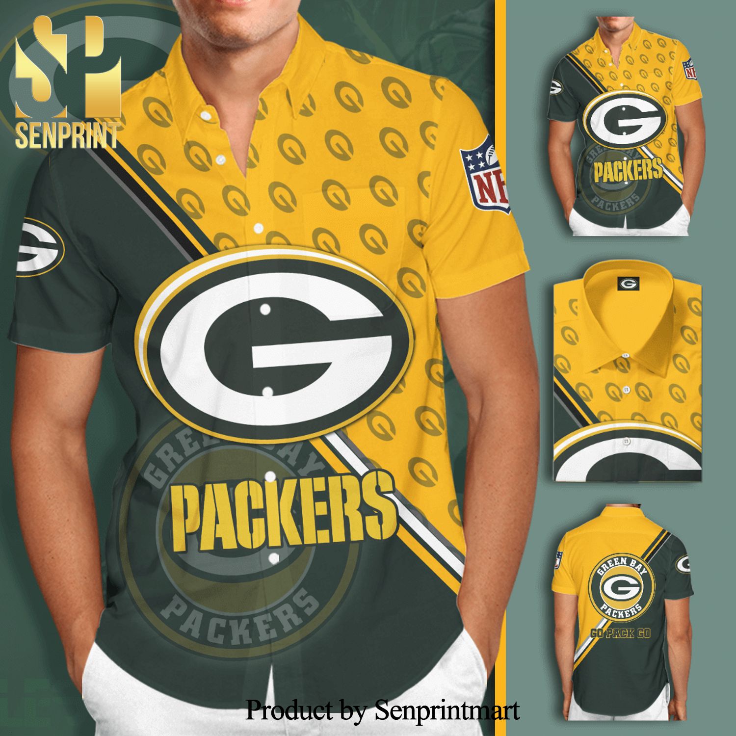 Green Bay Packers Logo Full Printing Short Sleeve Dress Shirt Hawaiian Summer Aloha Beach Shirt – Dark Green Yellow