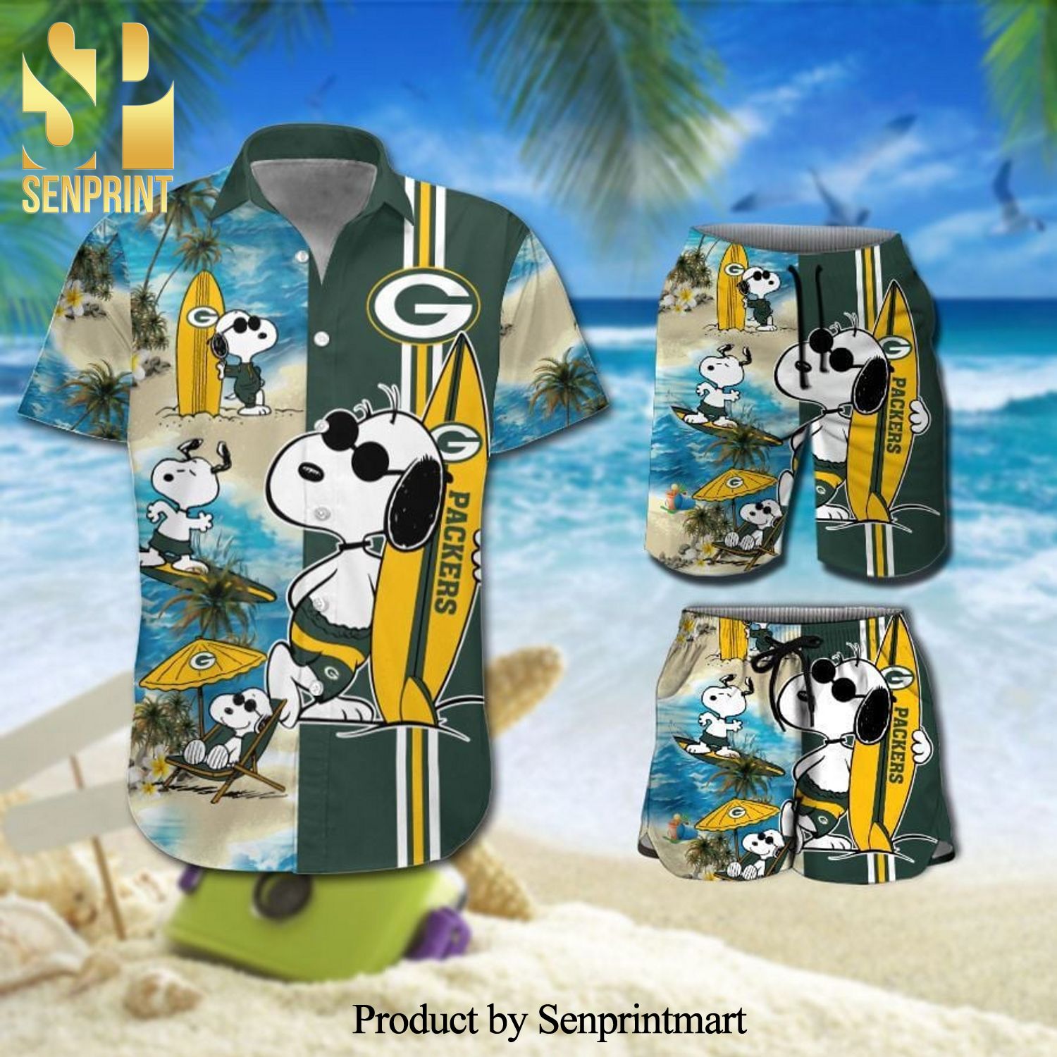 Green Bay Packers Snoopy Surfing On The Beach Full Printing Combo Hawaiian Shirt And Beach Shorts