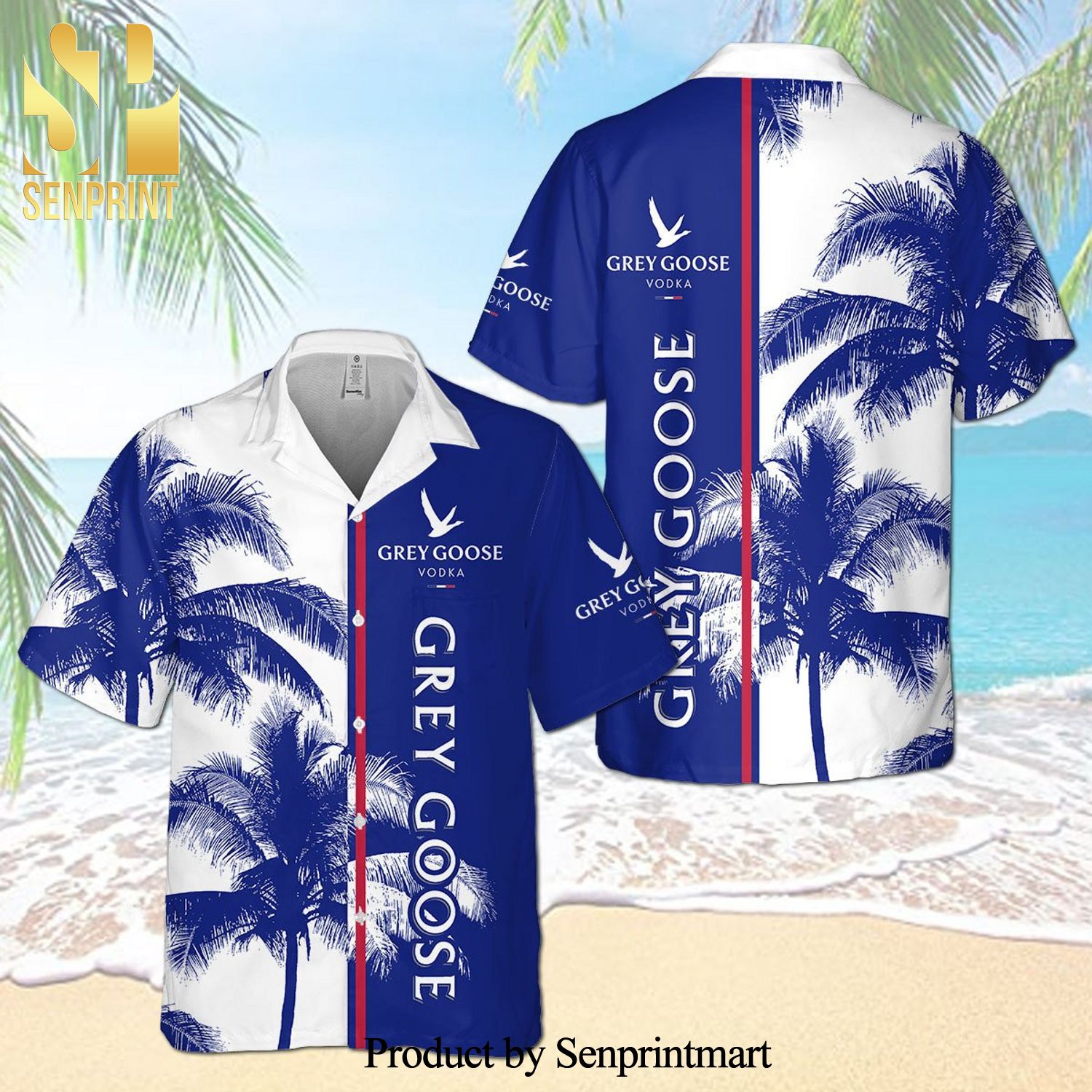 Grey Goose Palm Tree Full Printing Aloha Summer Beach Hawaiian Shirt – Blue White