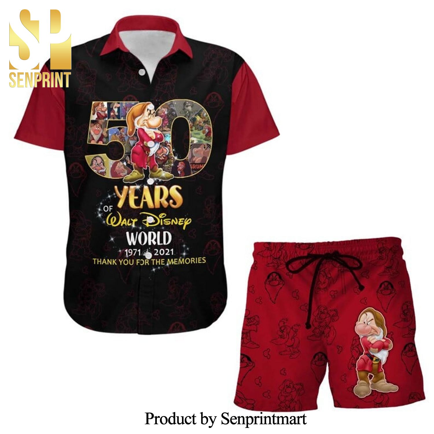 Grumpy Dwarf 50th Anniversary Glitter Disney Castle Full Printing Combo Hawaiian Shirt And Beach Shorts – Black Red