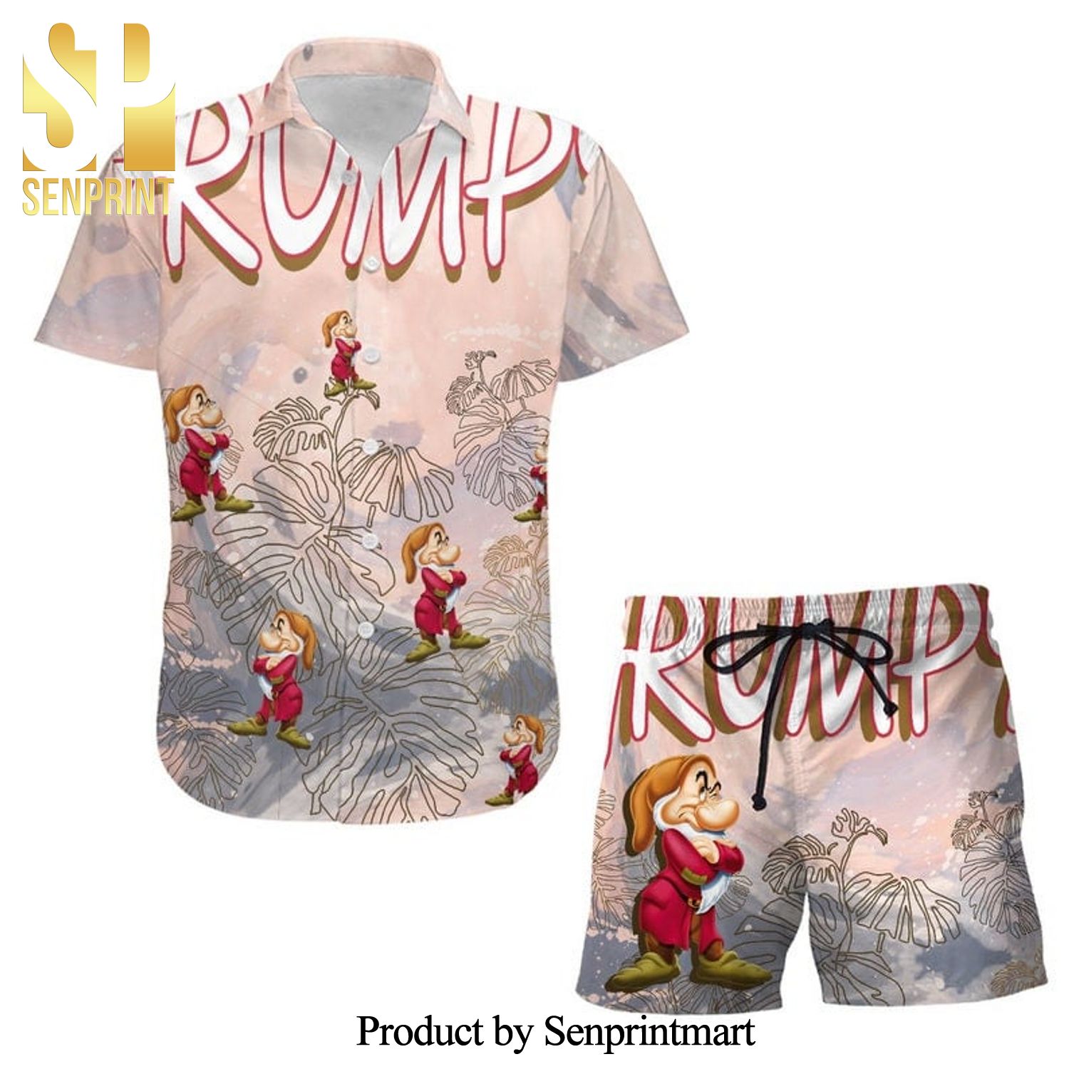 Grumpy Dwarf Snow White Disney Cartoon Graphics Full Printing Combo Hawaiian Shirt And Beach Shorts