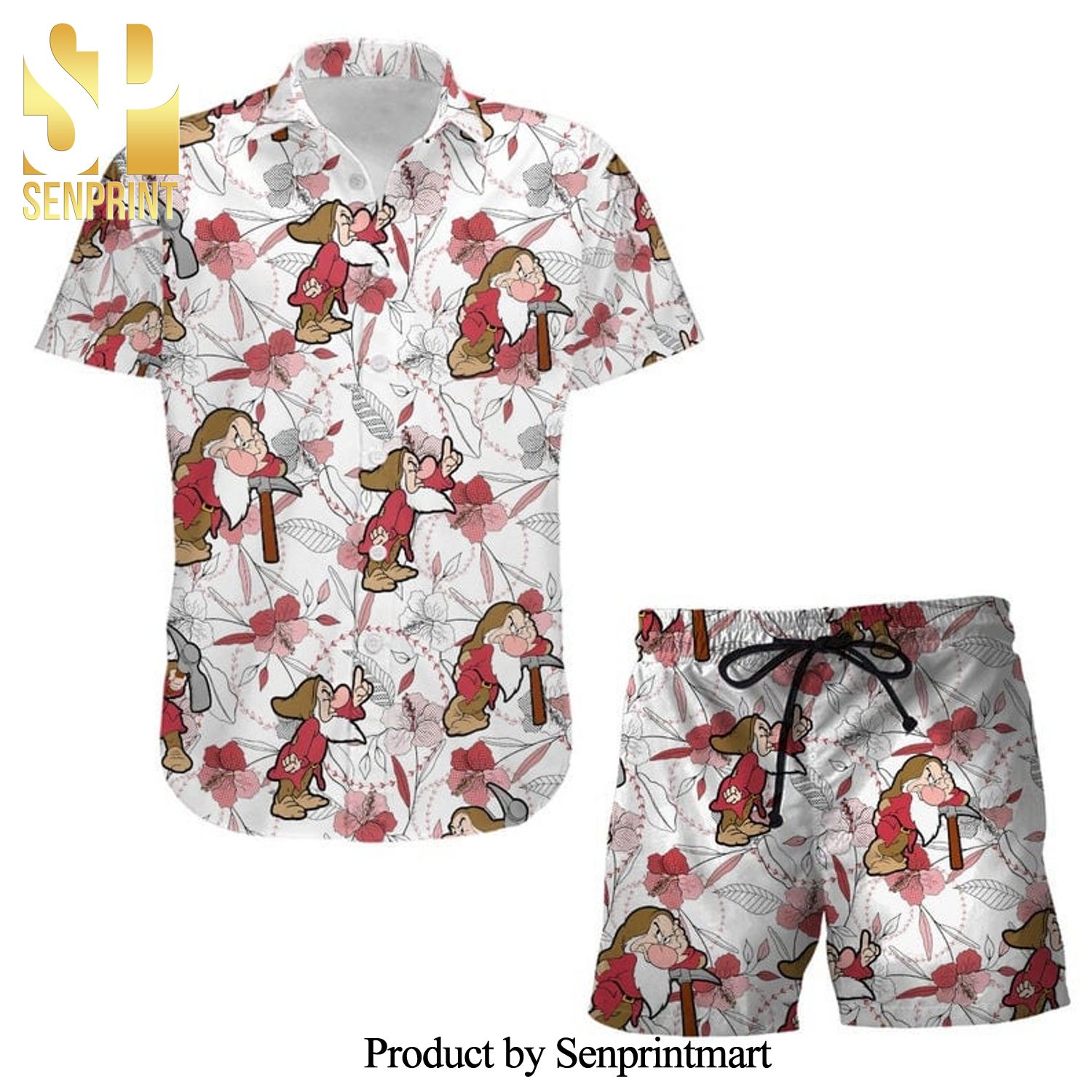 Grumpy Dwarf Snow White Floral Disney Cartoon Graphics Full Printing Combo Hawaiian Shirt And Beach Shorts – White