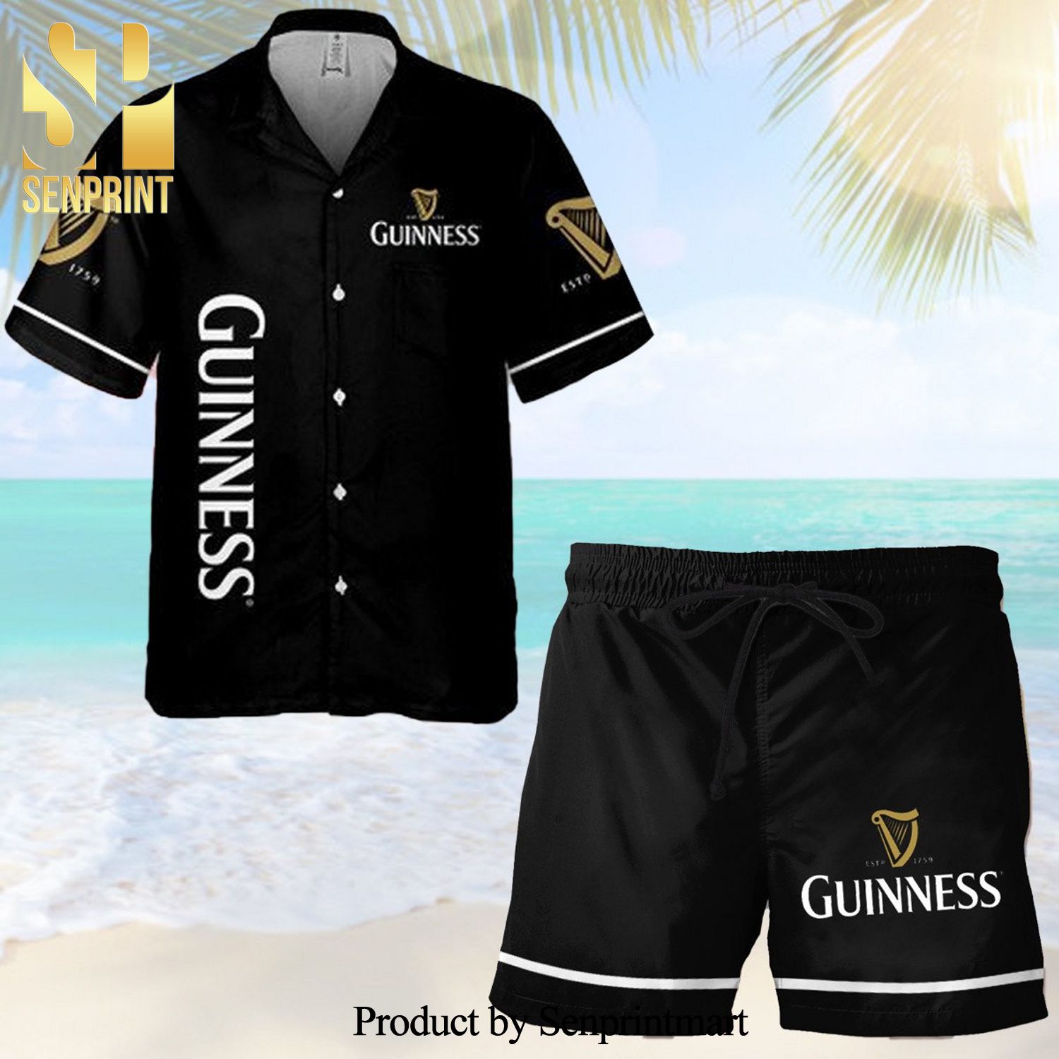 Guinness Beer Full Printing Combo Hawaiian Shirts And Beach Shorts – Black