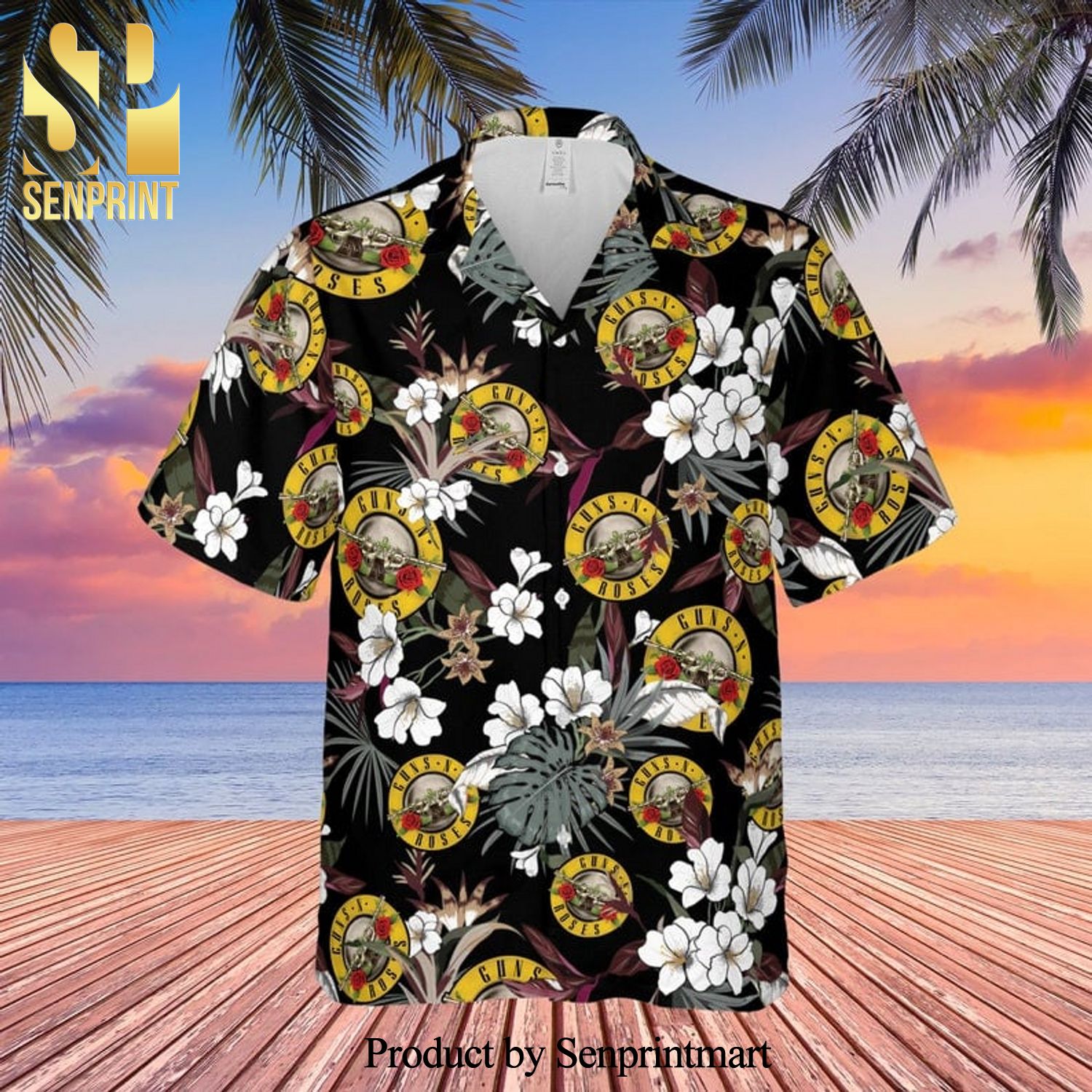 Guns N’ Roses Rock Band And Tropical Forest Full Printing Hawaiian Shirt – Black