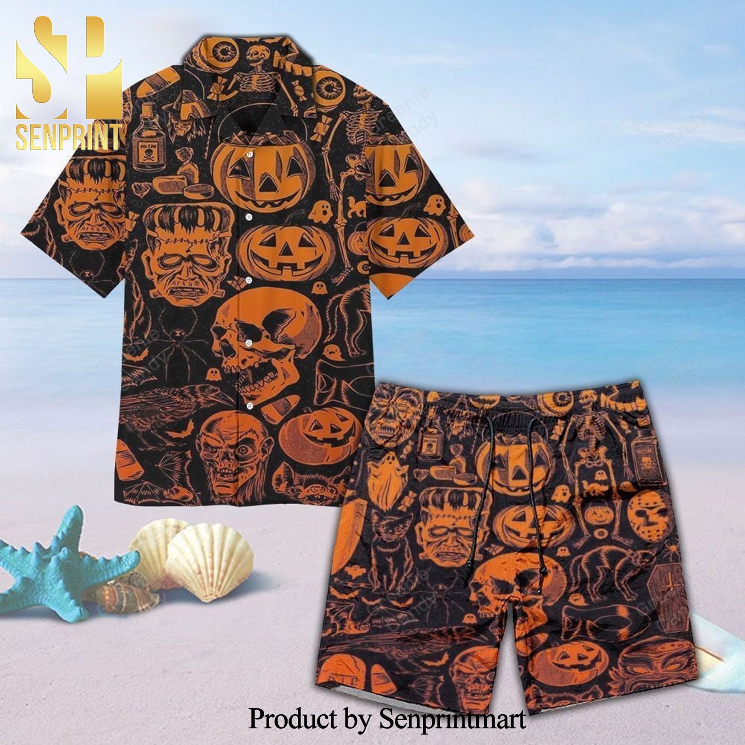 Halloween Pattern Full Printing Hawaiian Shirt And Beach Short