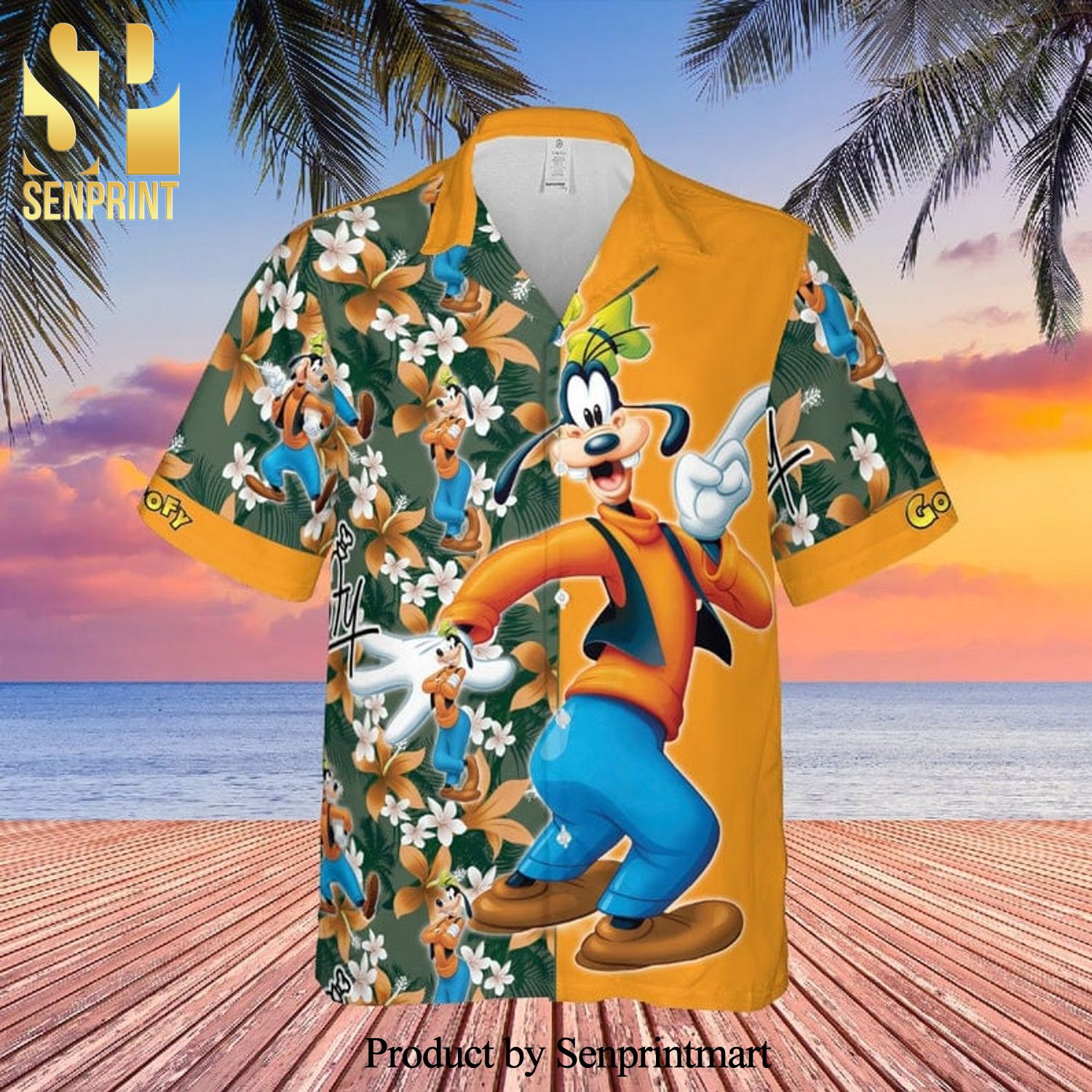 Happy Goofy Disney Cartoon Graphics Floral Pattern Full Printing Hawaiian Shirt – Orange