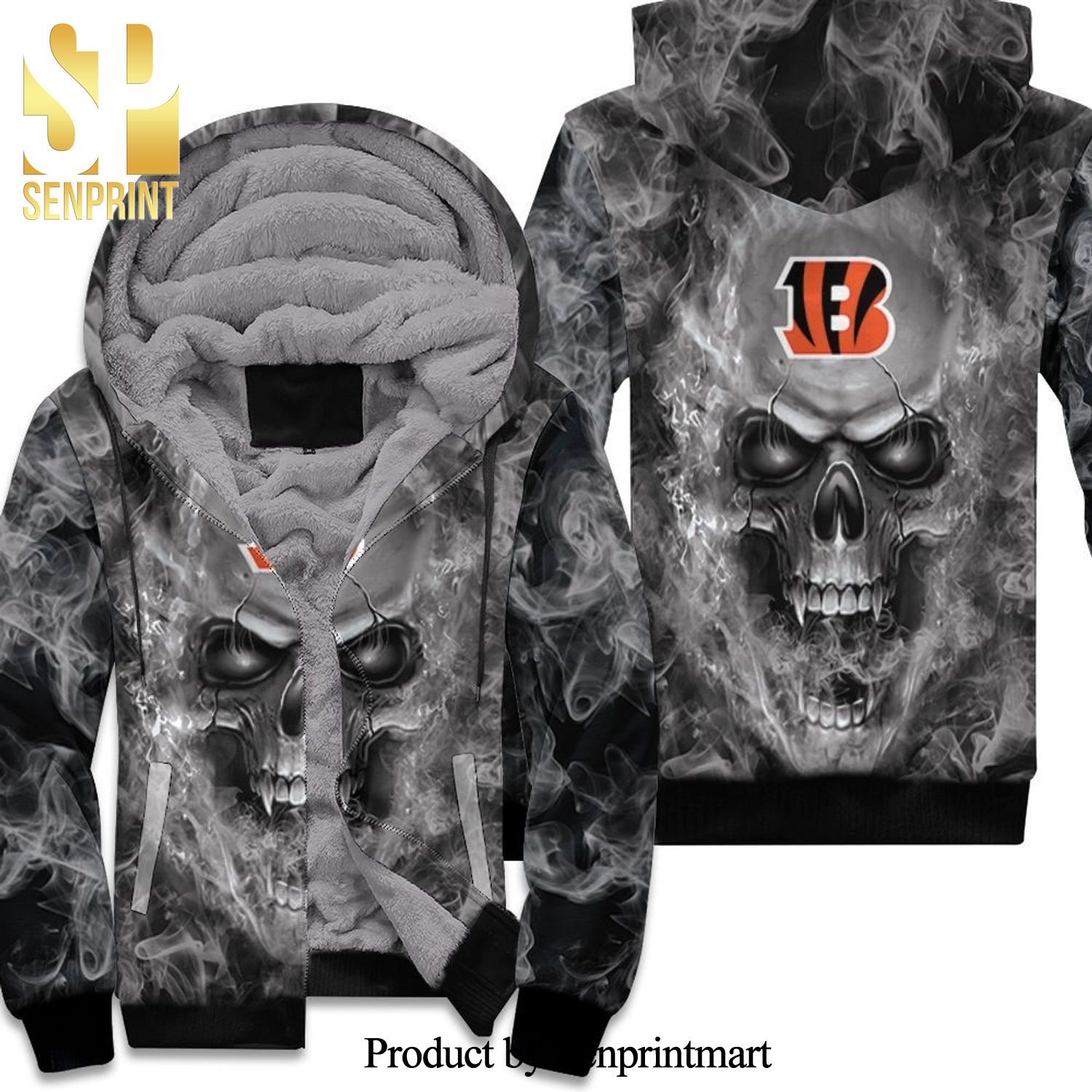 Cincinnati Bengals Nfl Fans Skull Combo Full Printing Unisex Fleece Hoodie