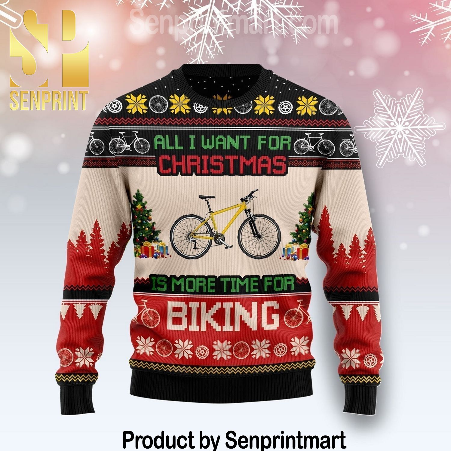All I Want For Christmas Is More Time For Biking All Over Print Wool Blend Sweater