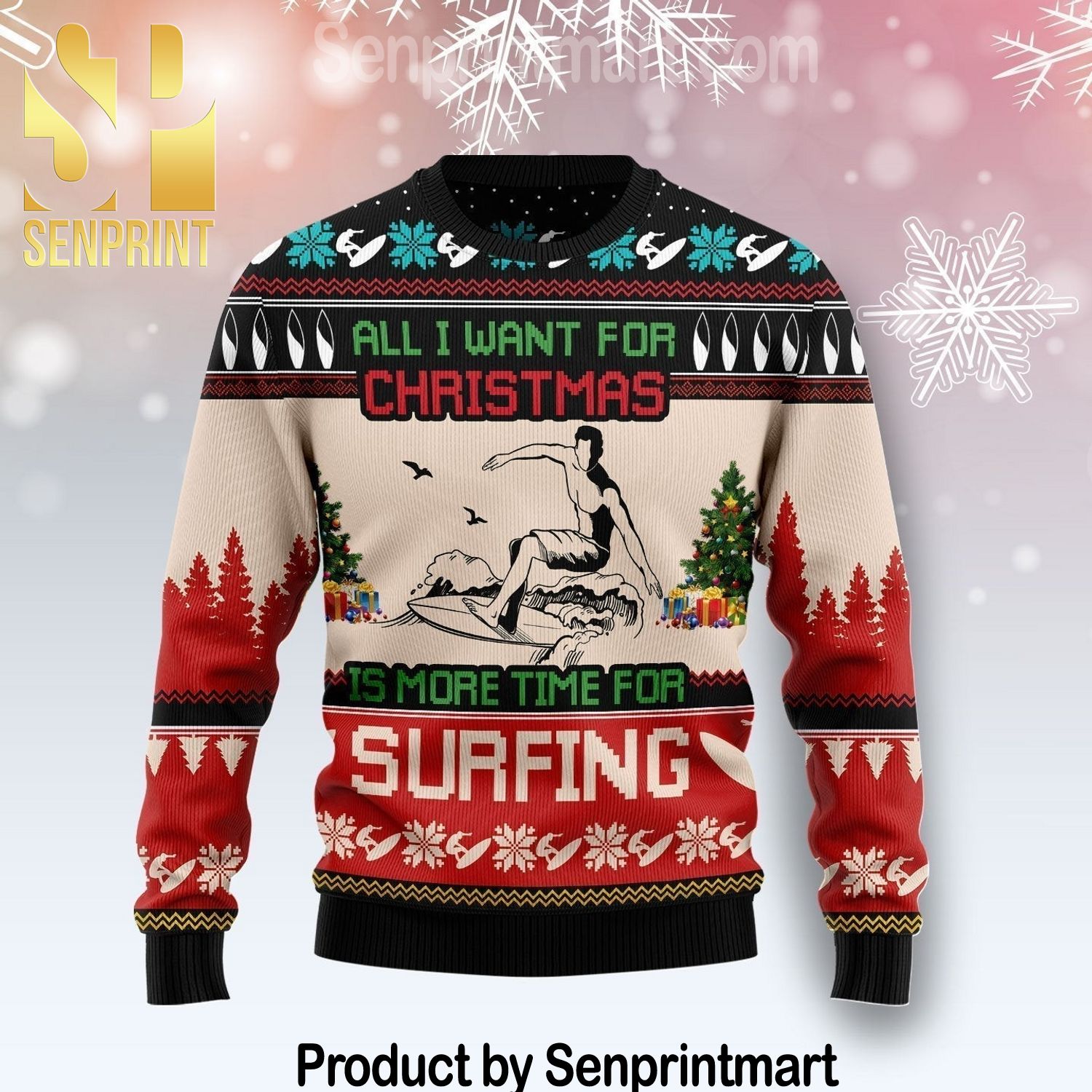 All I Want For Christmas Is More Time For Surfing All Over Printed Christmas Knitted Wool Sweater
