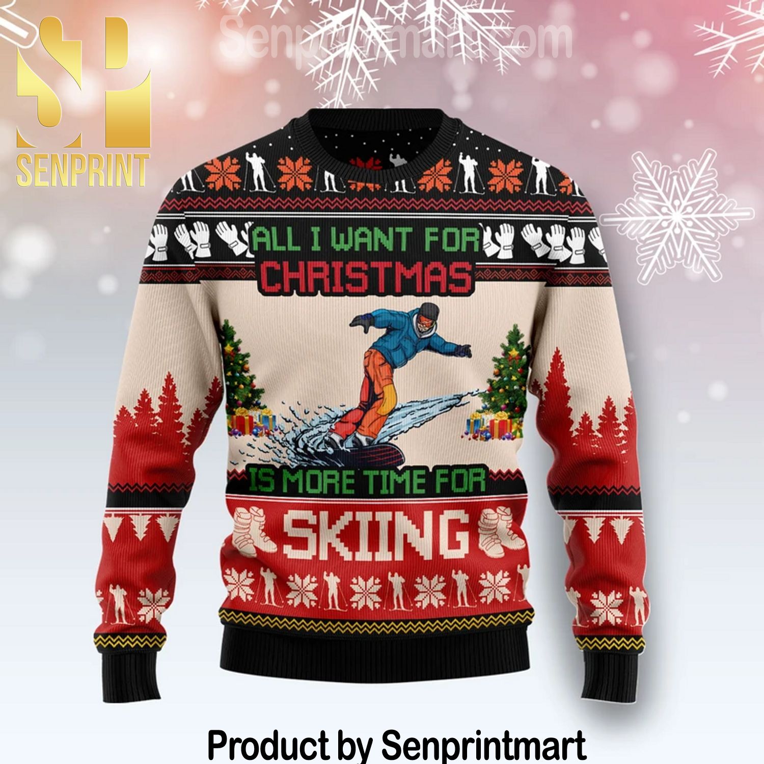 All I Want For Christmas Is Skiing Gift Ideas Pattern Ugly Knit Sweater