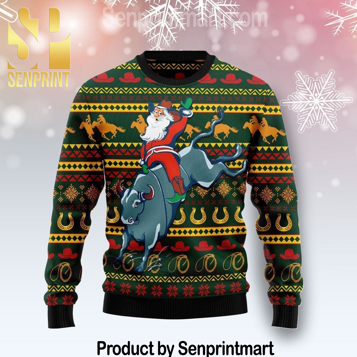 Amazing Cowboy Santa Claus Wool Blend Ugly Knit Christmas Sweater