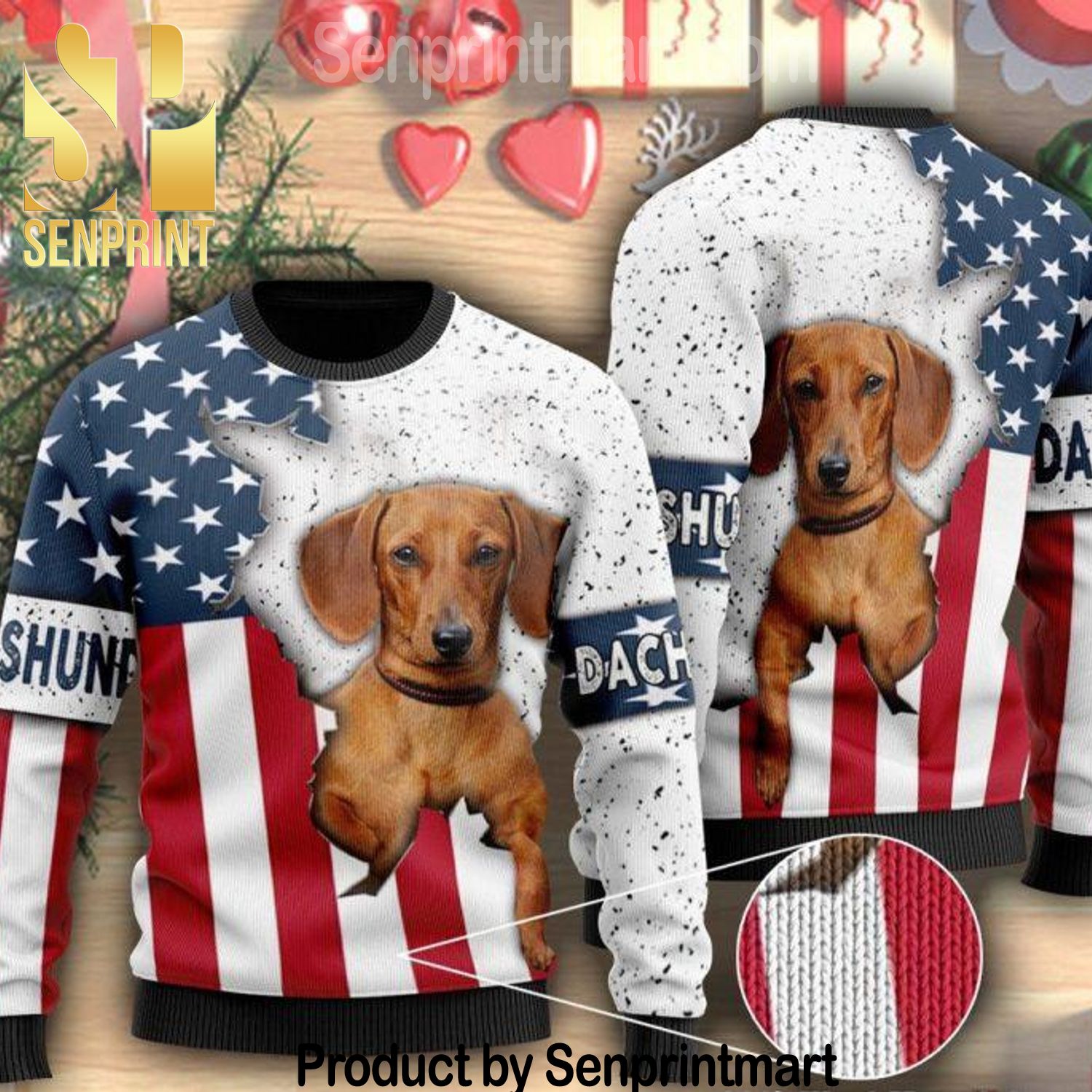 American Flag And Dachshund Dog 3D Holiday Knit Sweater