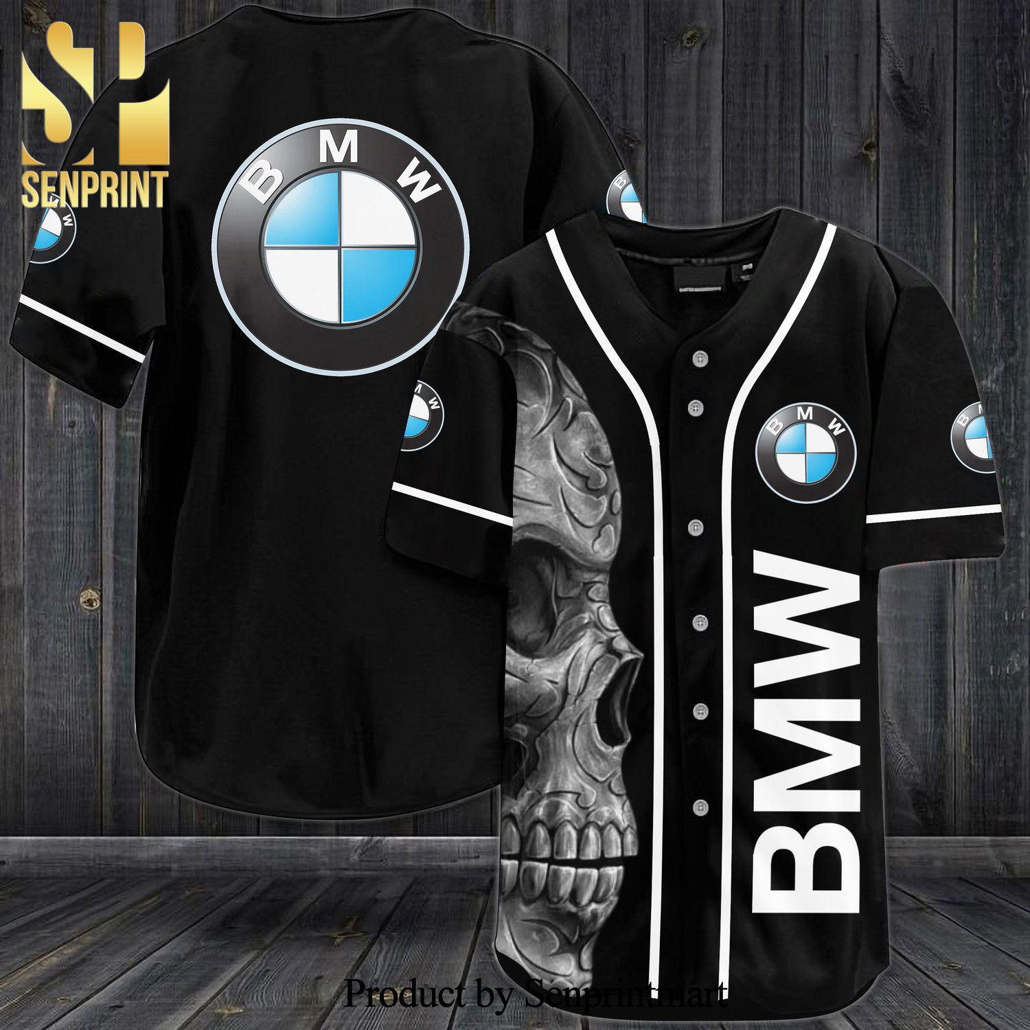 BMW Logo Skull All Over Print Baseball Jersey – Black