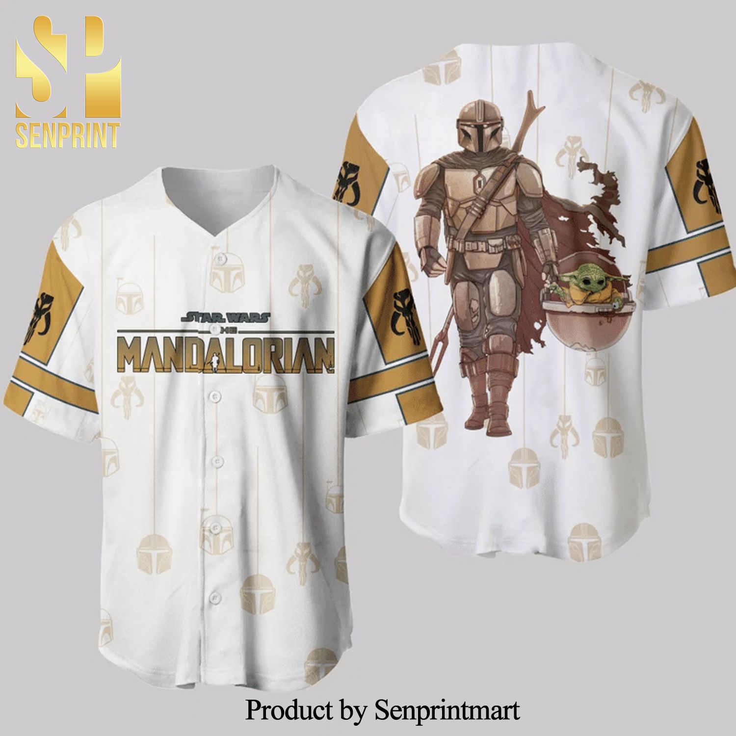 Boba Fett Baby Yoda Star Wars The Mandalorian Full Printing Baseball Jersey – White