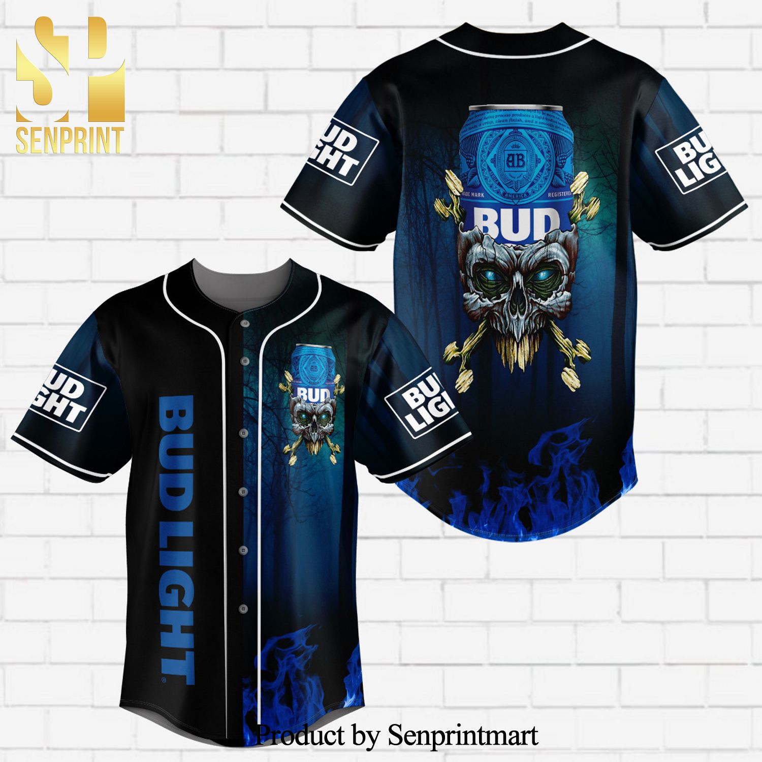 Bud Light Flowery Skull Blue Flame All Over Print Unisex Baseball Jersey – Black