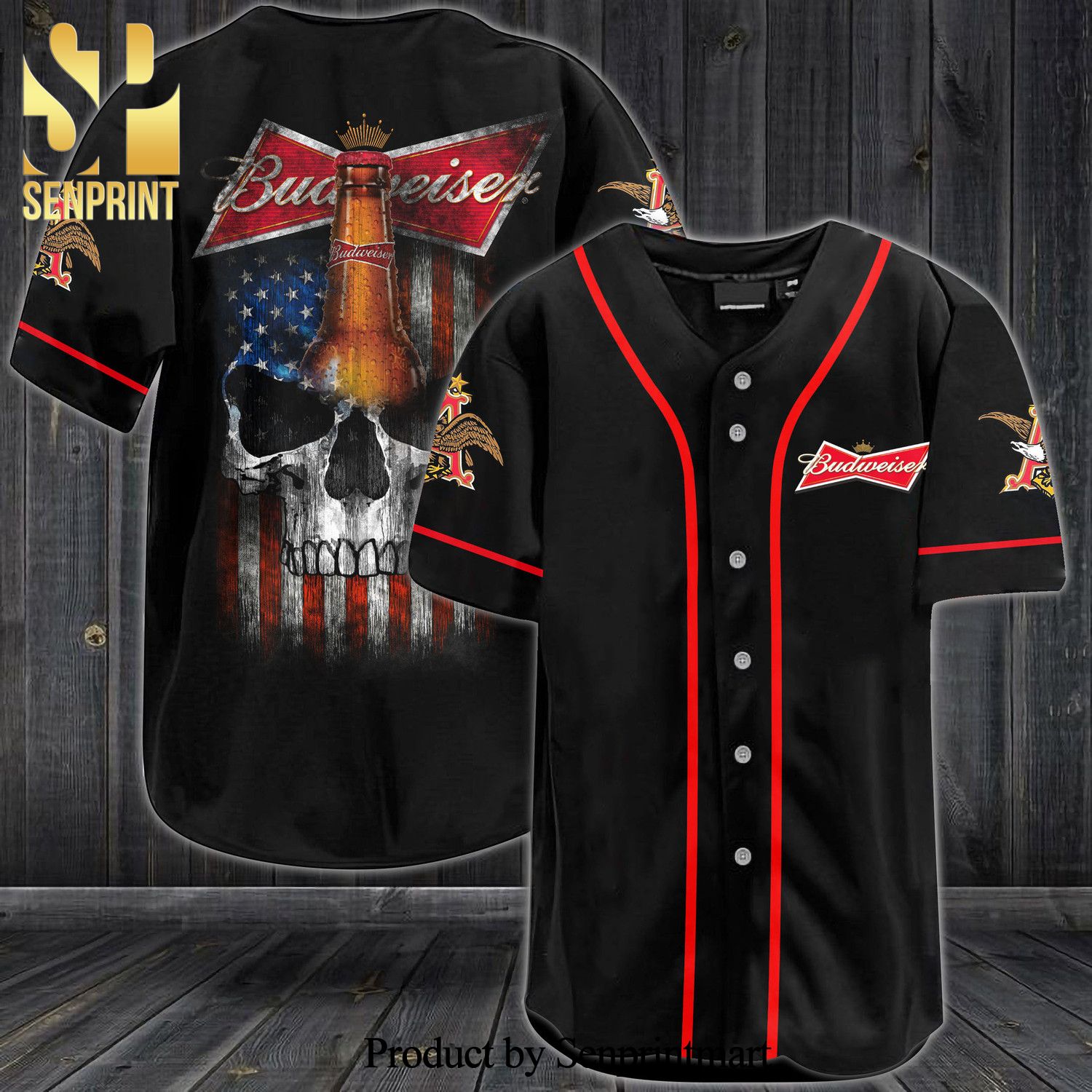Budweiser USA Flag Skull All Over Print Unisex Baseball Jersey – Black