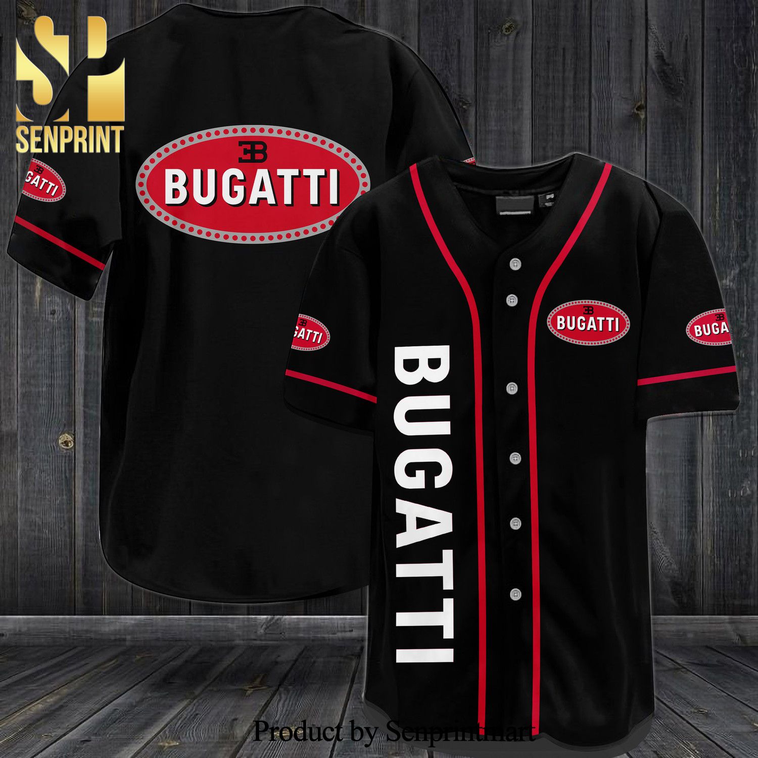 Bugatti Logo All Over Print Baseball Jersey – Black