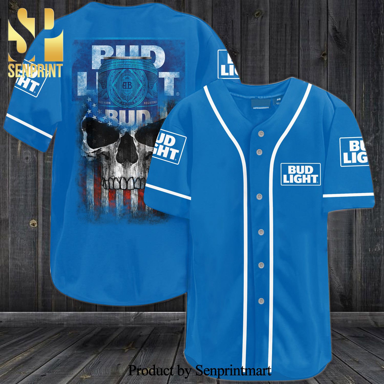 Bus Light Skull USA Flag All Over Print Unisex Baseball Jersey – Blue