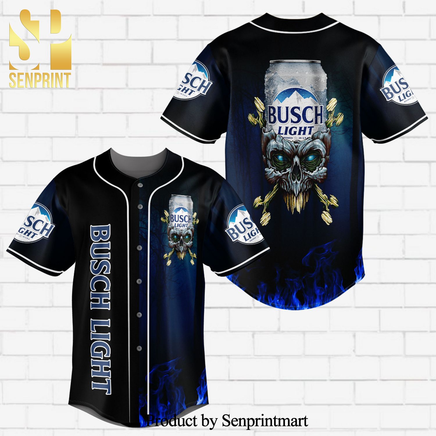 Busch Light Flowery Skull Blue Flame All Over Print Unisex Baseball Jersey – Black