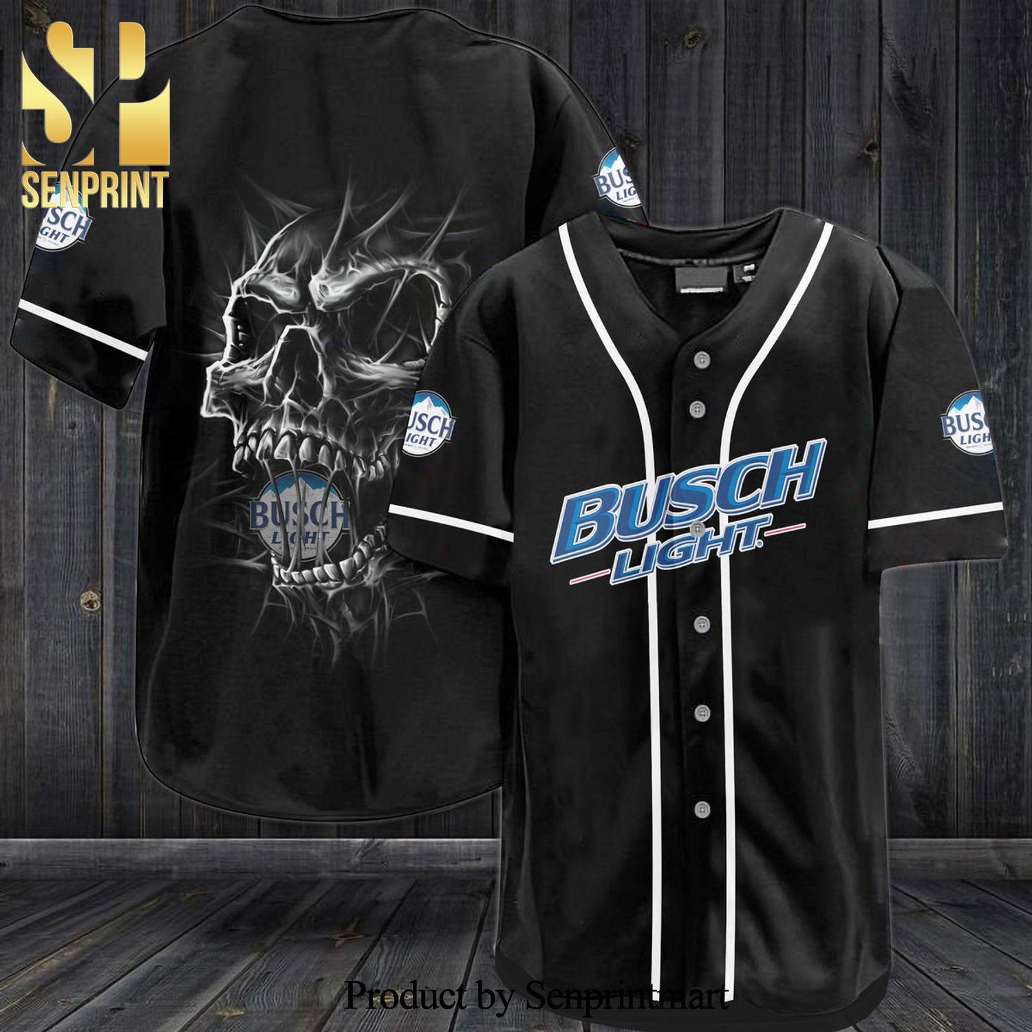 Busch Light Skull All Over Print Baseball Jersey – Black