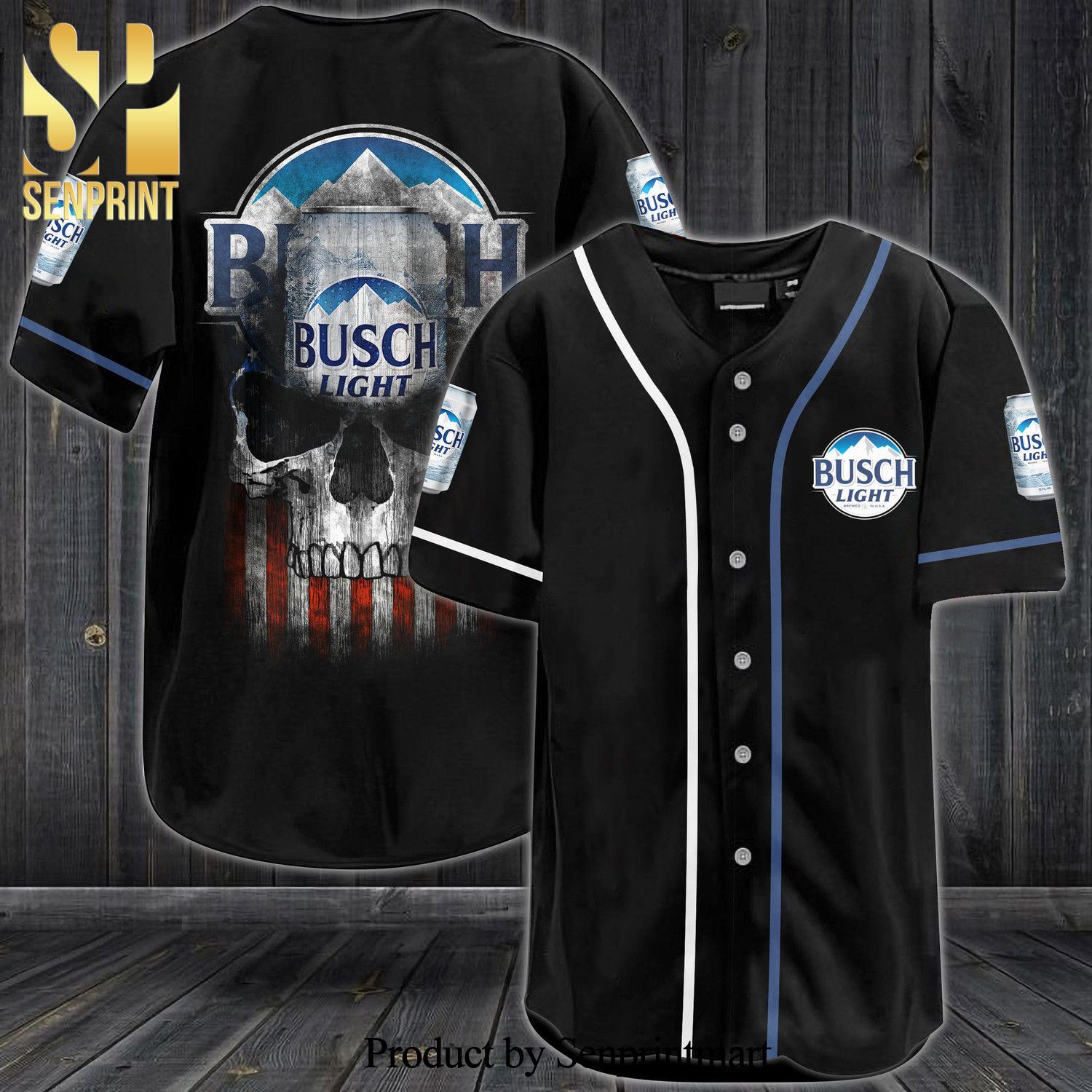 Busch Light Skull USA Flag All Over Print Unisex Baseball Jersey – Black