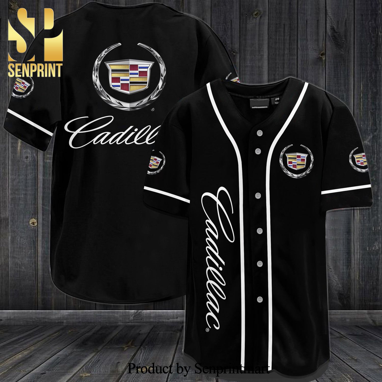 Cadillac Logo All Over Print Baseball Jersey – Black