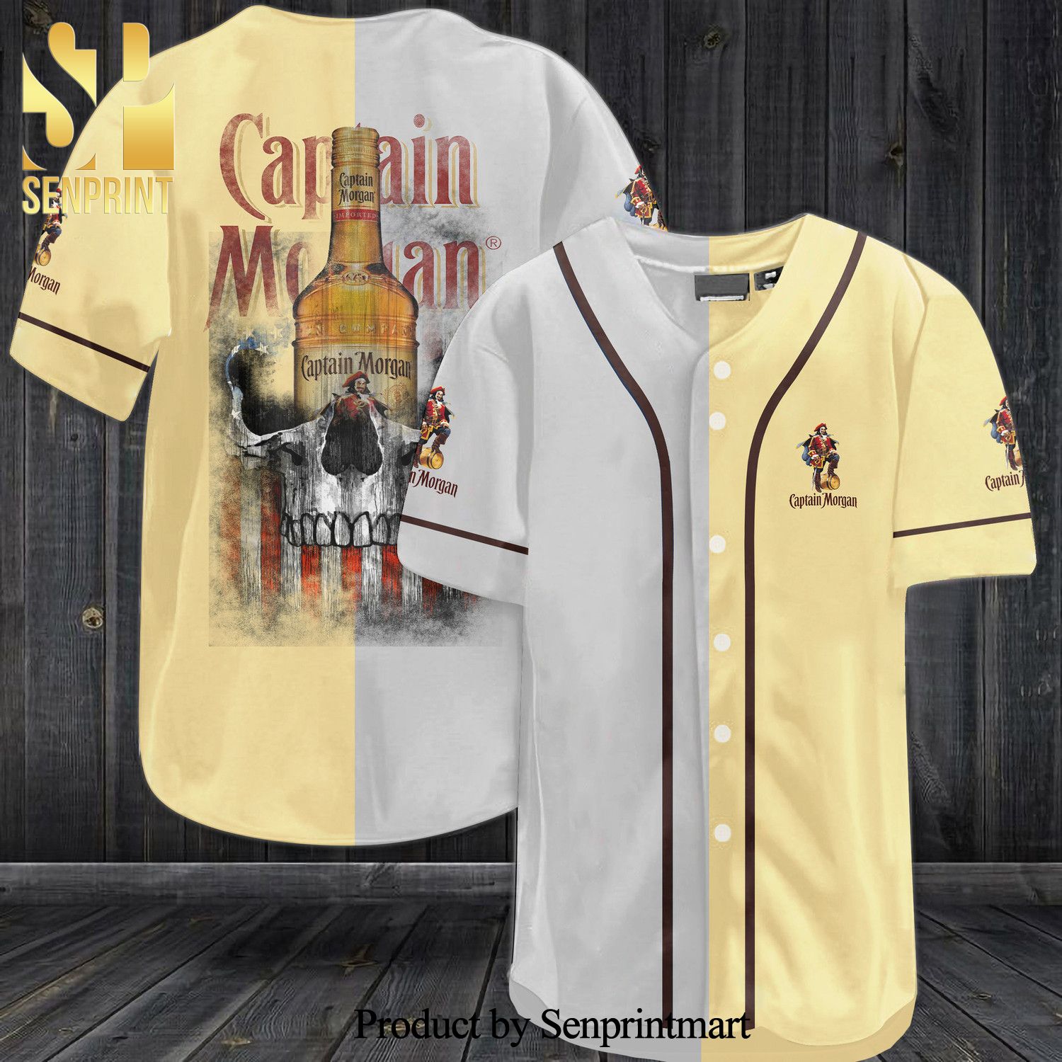Captain Morgan Skull USA Flag All Over Print Unisex Baseball Jersey – White Yellow