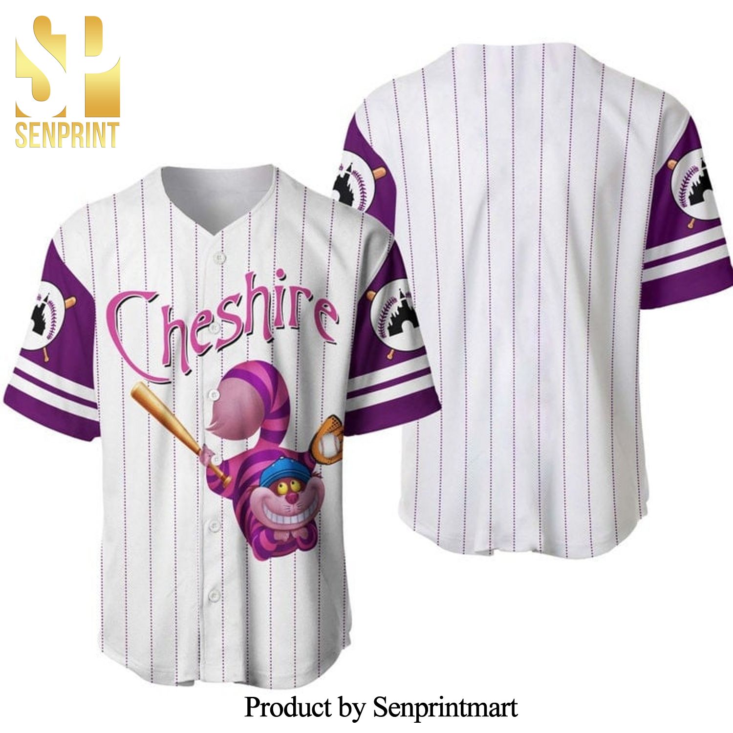 Cheshire Cat Disney All Over Print Pinstripe Baseball Jersey – White