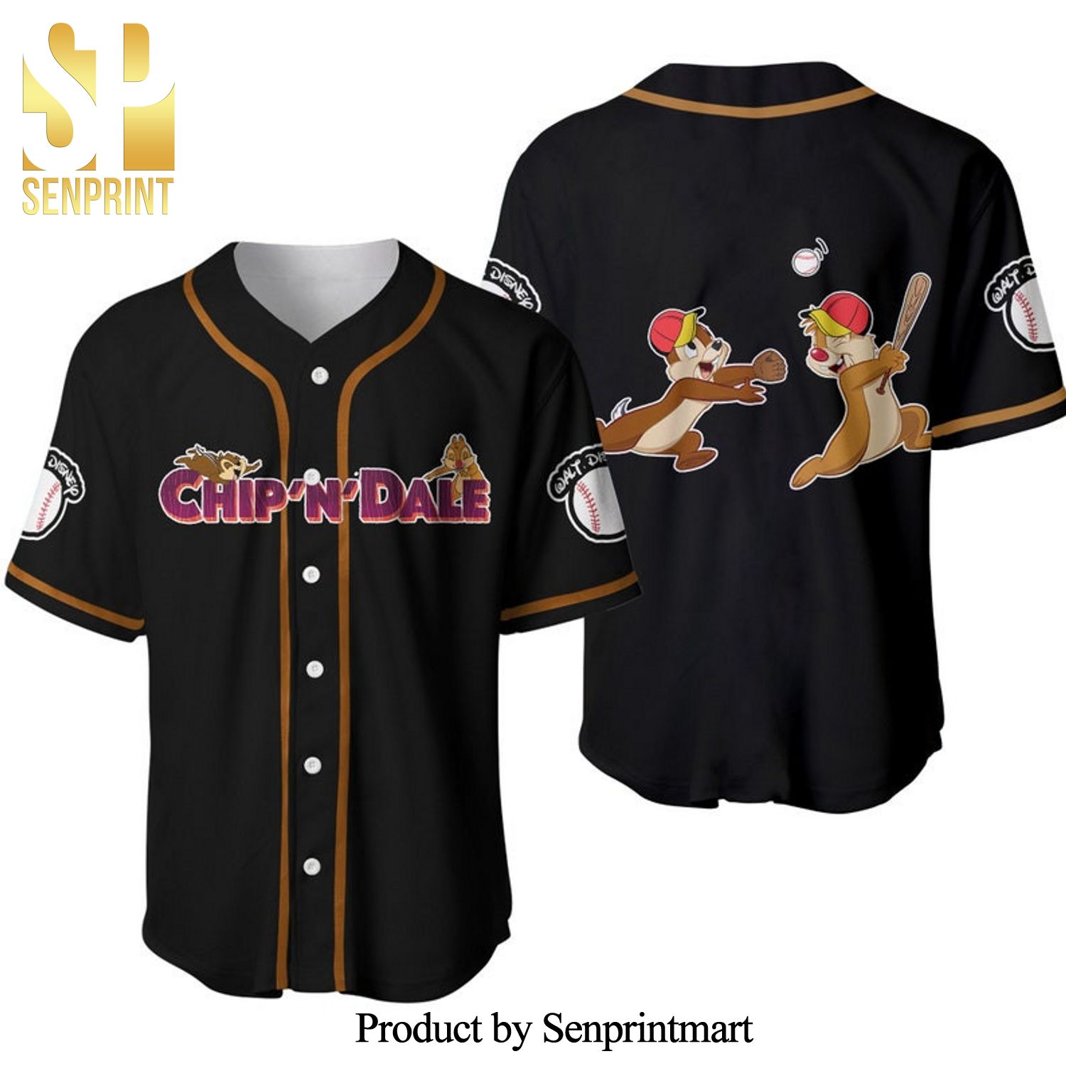 Chip & Dale Chipmunks Disney Cartoon Graphics All Over Print Unisex Baseball Jersey – Black