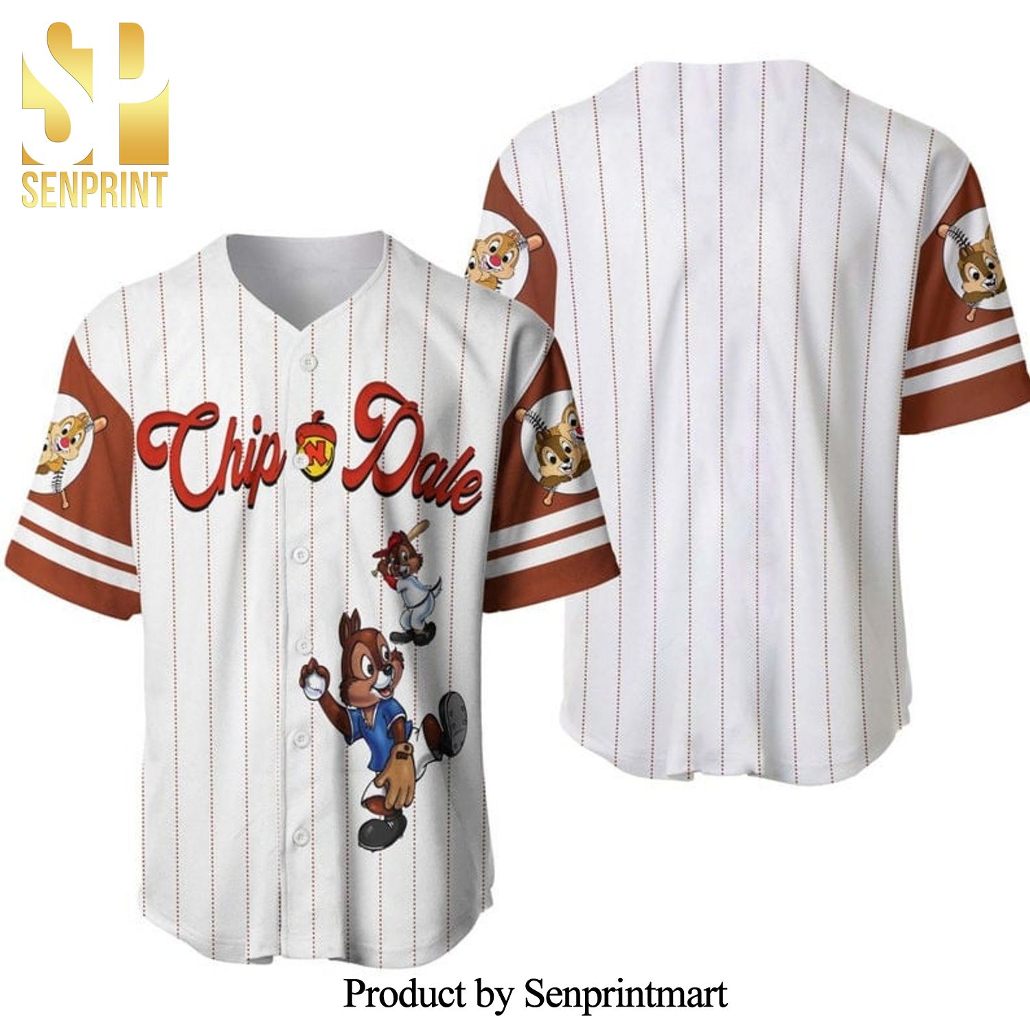 Chipmunks Chip & Dale All Over Print Pinstripe Baseball Jersey – White