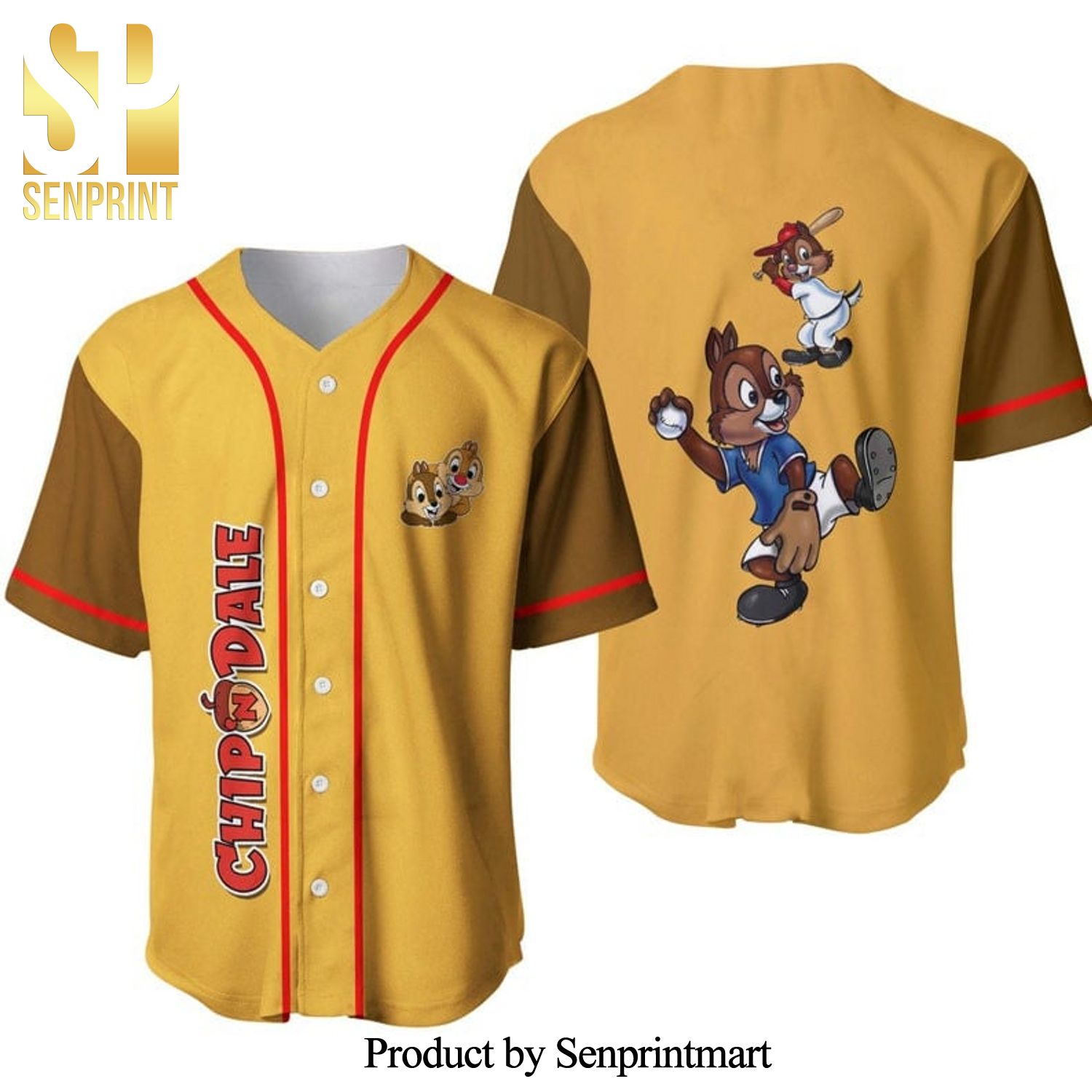 Chipmunks Chip ‘n’ Dale All Over Print Baseball Jersey – Gold Brown