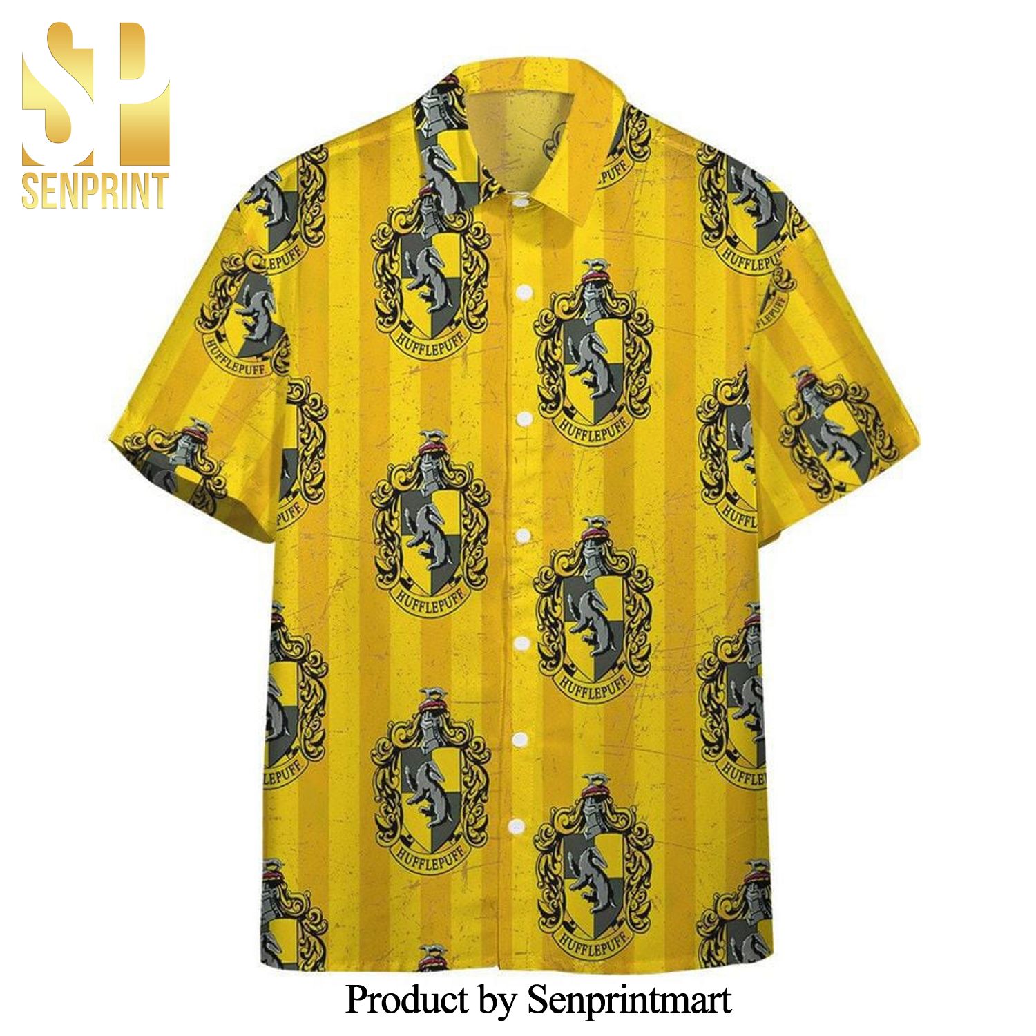 Harry Potter Hogwarts Hufflepuff House Pride Crests Stripes Full Printing Hawaiian Shirt – Yellow