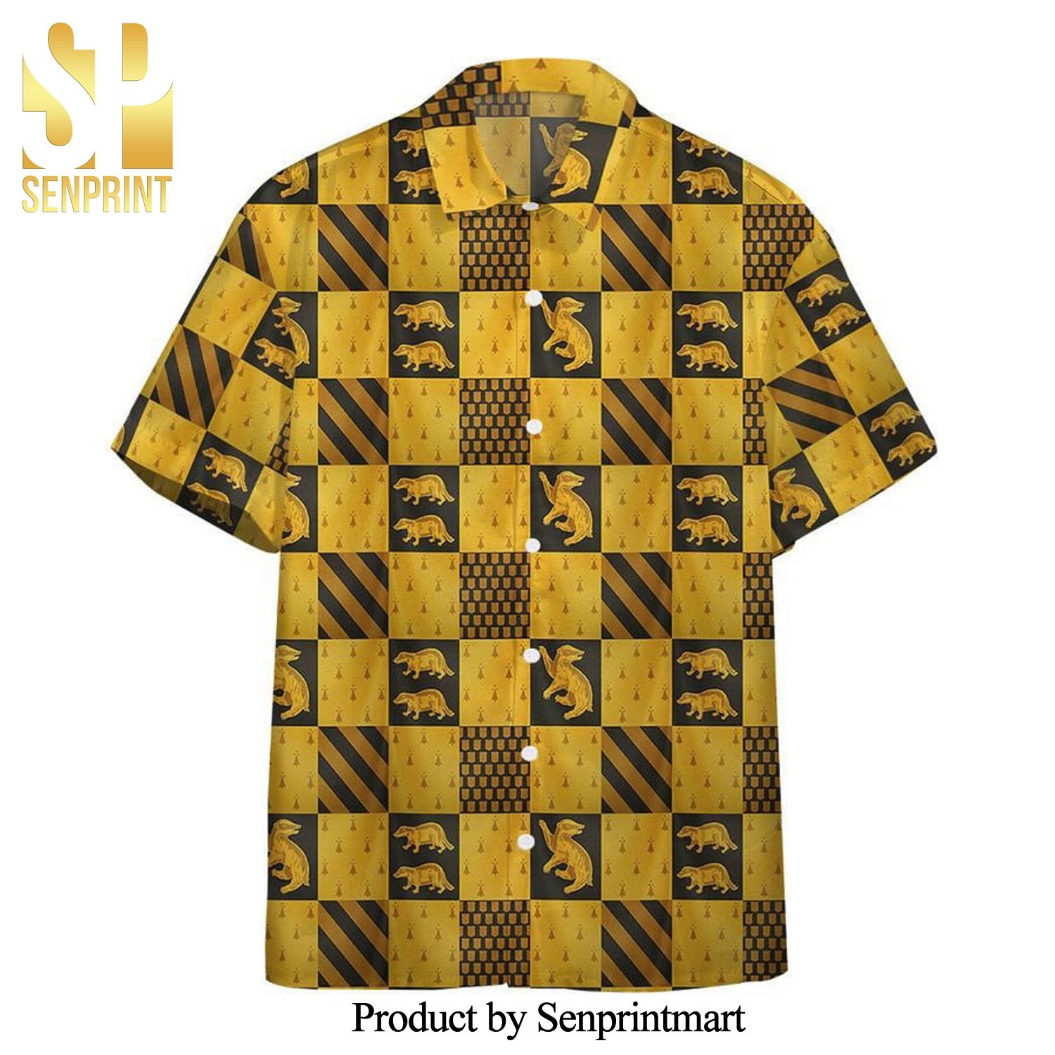 Harry Potter Hufflepuff House Checkered Pattern Full Printing Hawaiian Shirt – Black Yellow