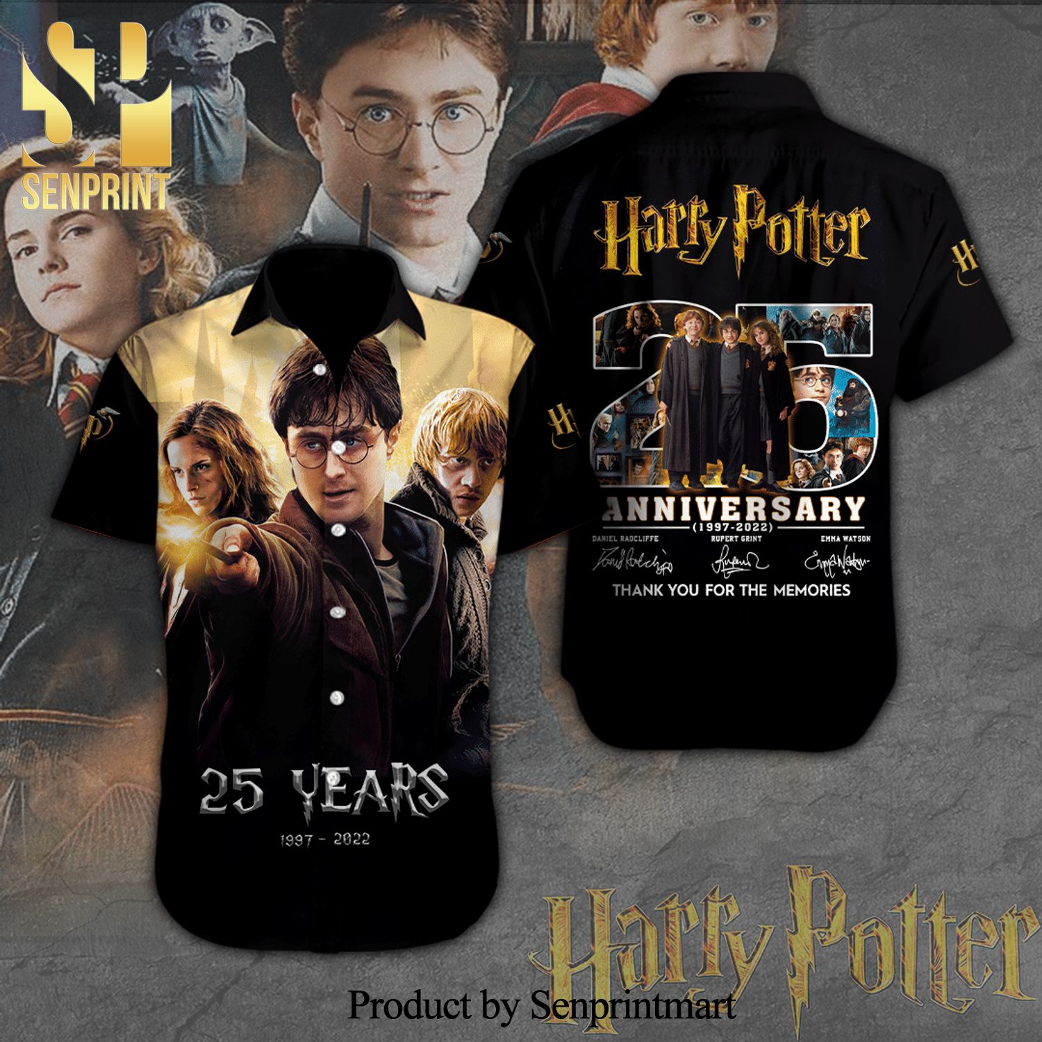 Harry Potter Signatures 25 Years Anniversary Full Printing Short Sleeve Dress Shirt Hawaiian Summer Aloha Beach Shirt – Black