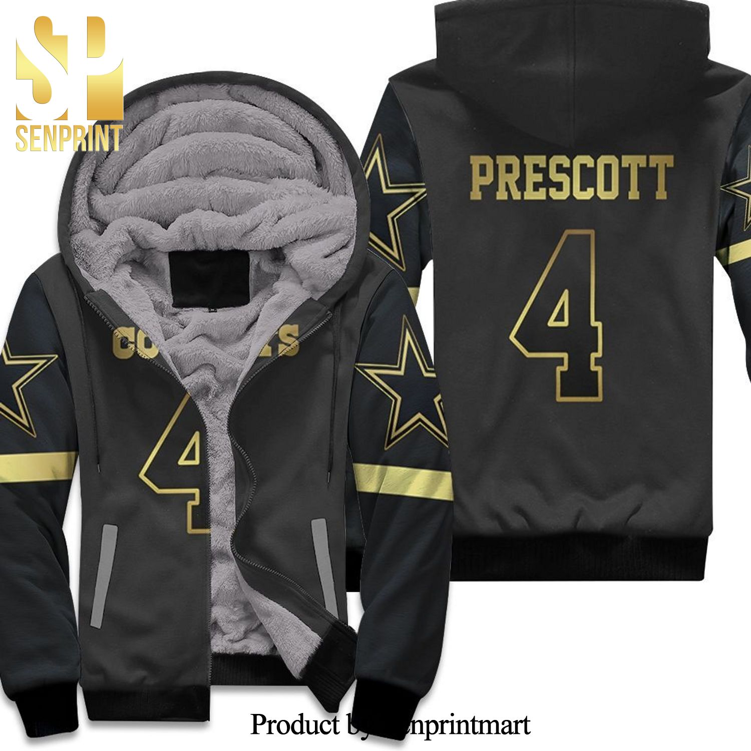 Dallas Cowboys 4 Dak Prescott Black Golden Edition Inspired High Fashion Unisex Fleece Hoodie
