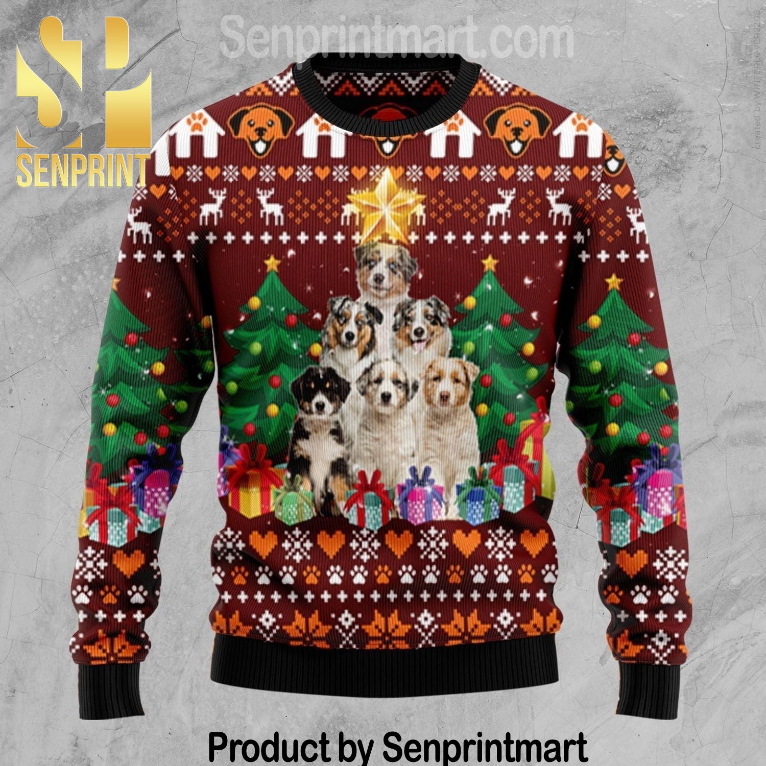 Australian Shepherd Pine Tree Gift Ideas Pattern Ugly Knit Sweater