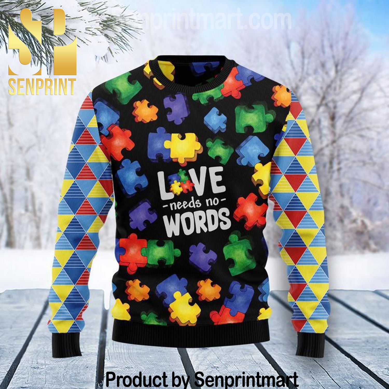 Autism Love Needs No Words Wool Blend Ugly Knit Christmas Sweater