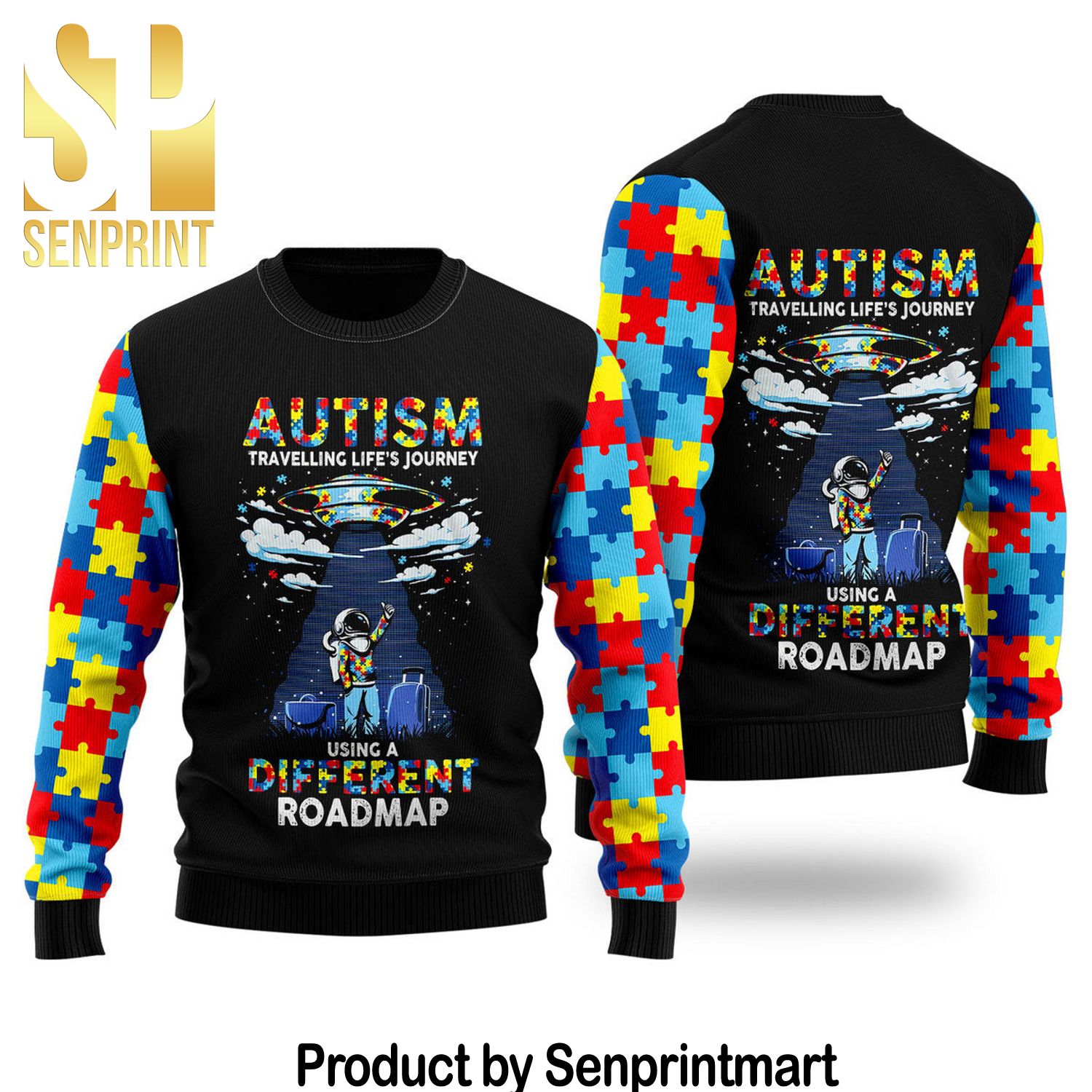 Autism Using A Different Roadmap Xmas Gifts Full Printed Wool Ugly Christmas Sweater