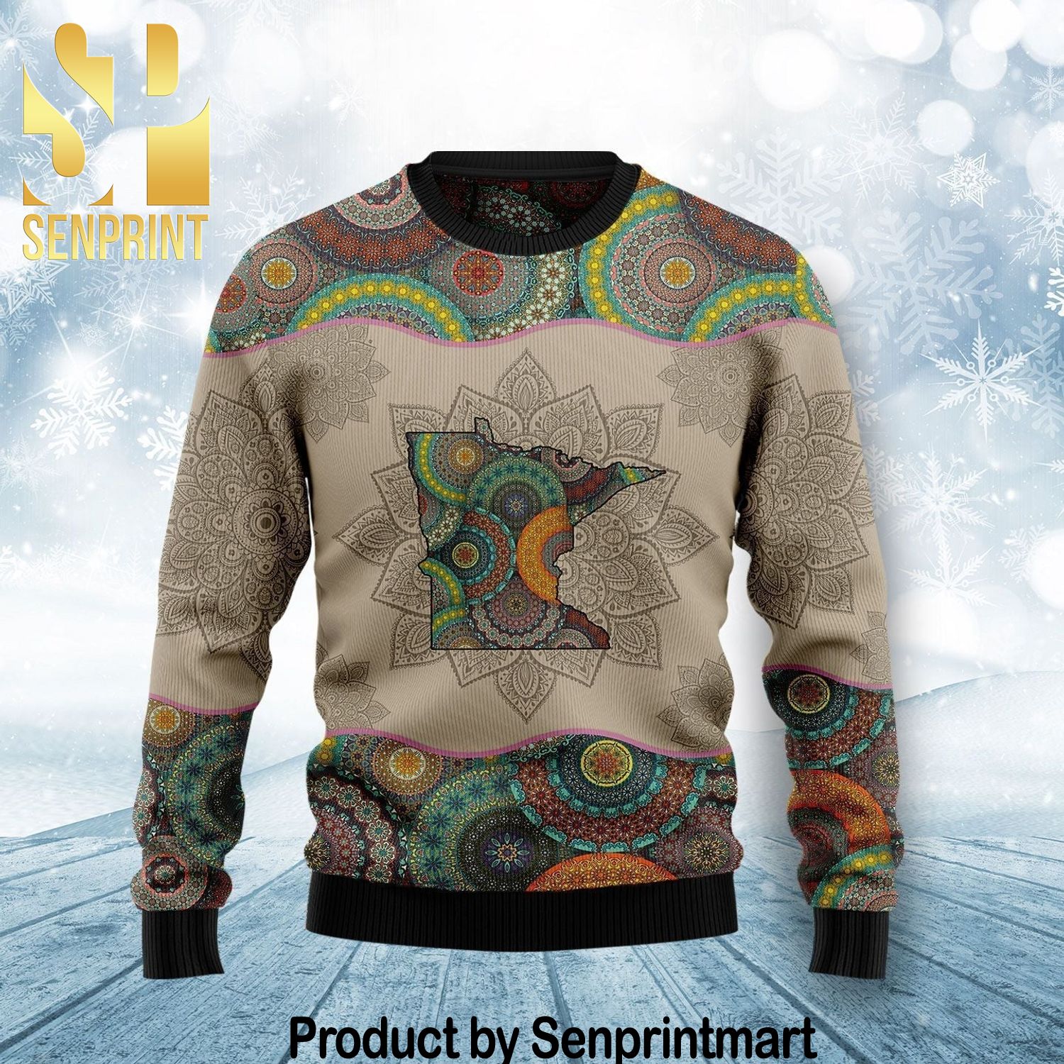 Awesome Minnesota Mandala Chirtmas Gifts Full Printing Wool Knitted Ugly Christmas Sweater