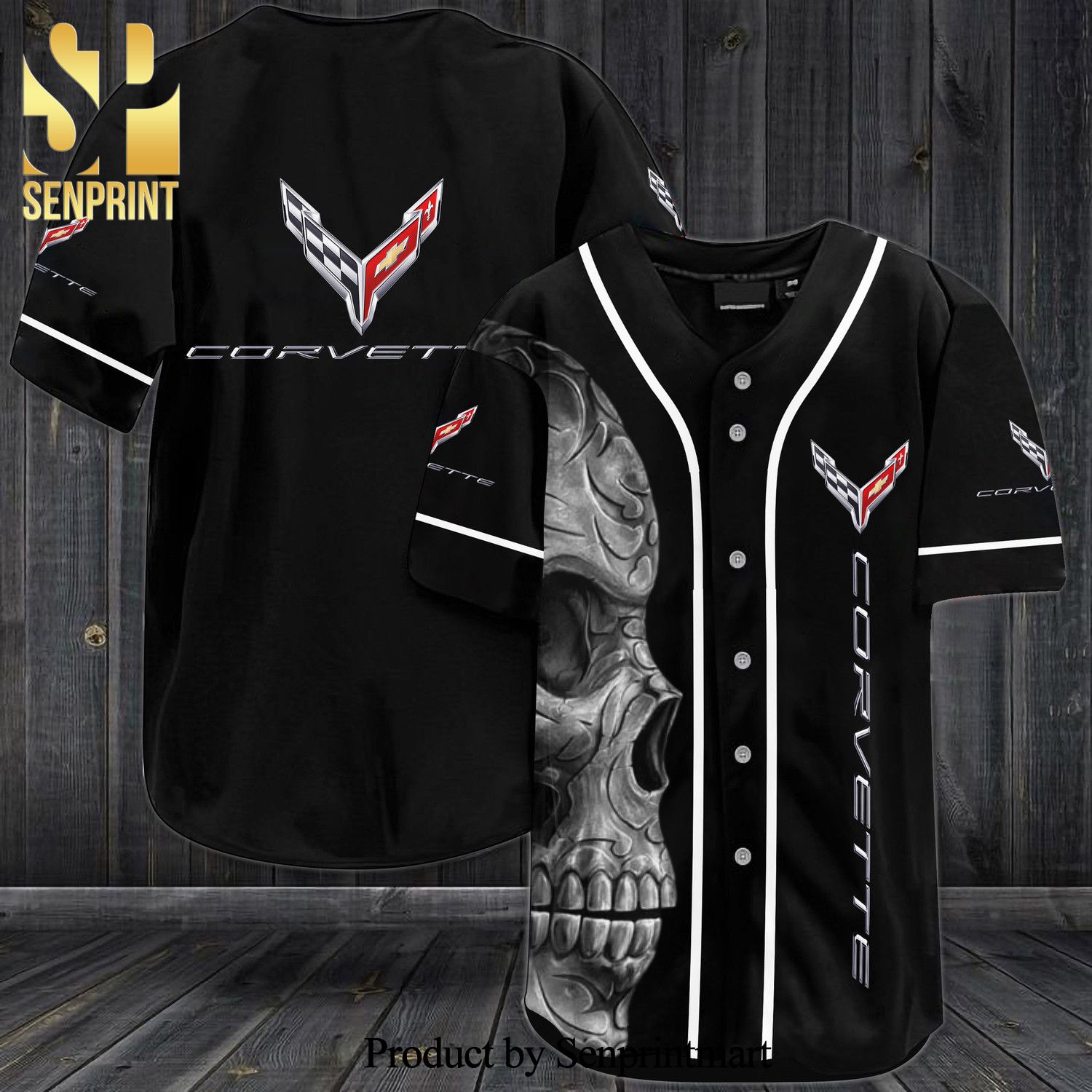 Corvette Skull All Over Print Baseball Jersey – Black