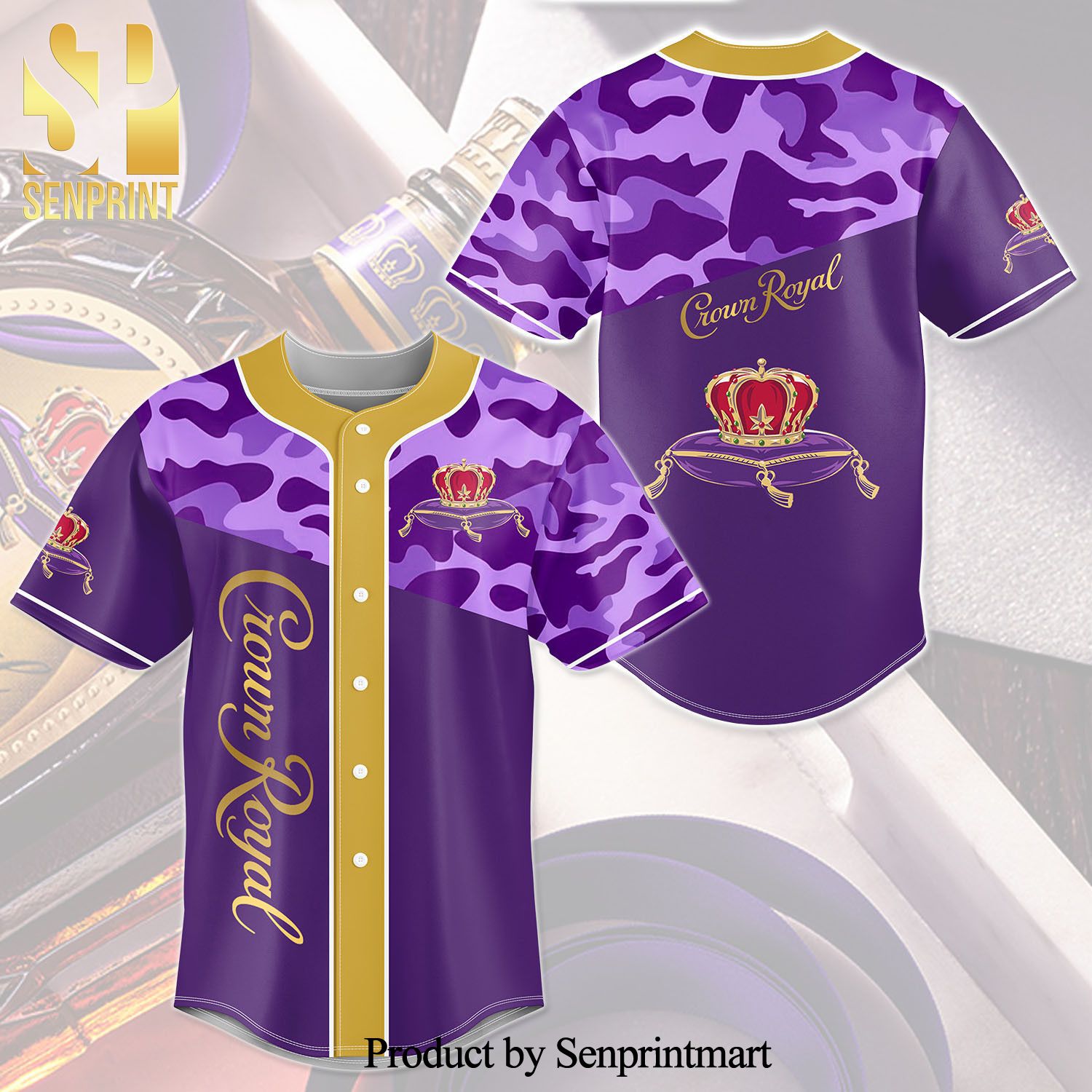 Crown Royal Canadian Whisky All Over Print Camo Unisex Baseball Jersey – Purple