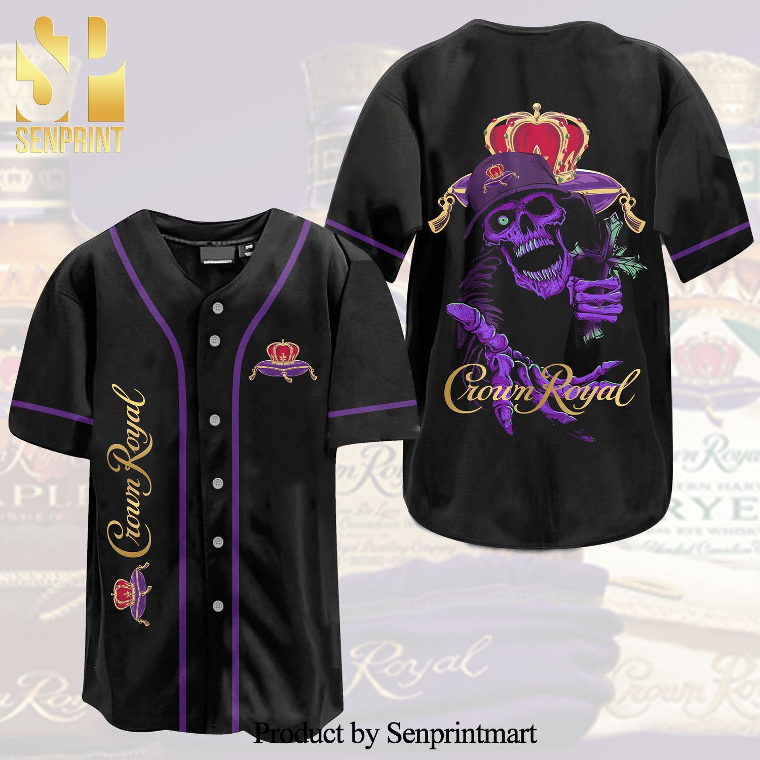 Crown Royal Death Skull Full Printing Unisex Baseball Jersey – Black